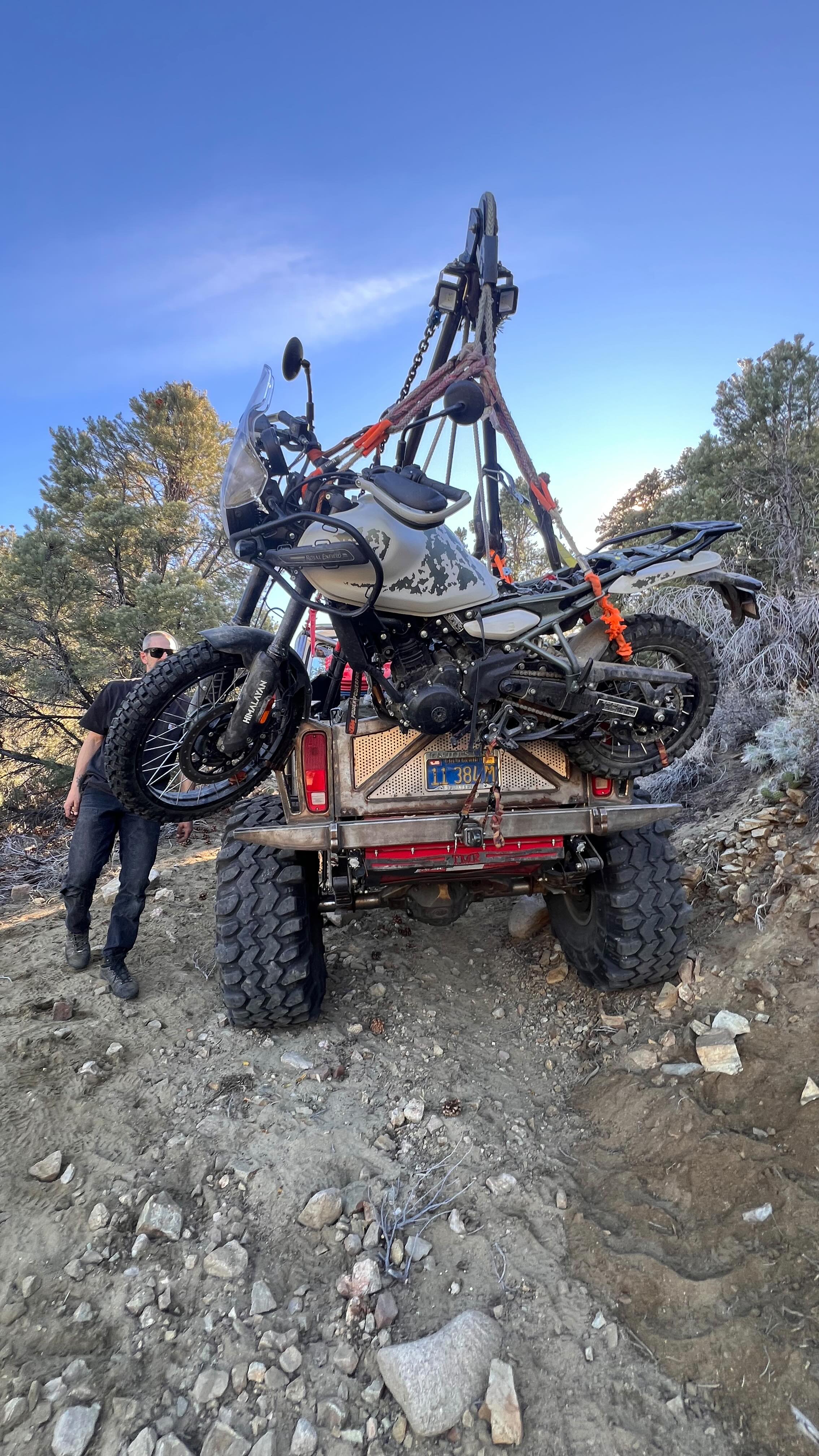 Customer’s brand new @royalenfield #himalyanbike clutch failed on a steep climb #silver #white. Luckily, the group was well-prepared and experienced, managing to temporarily fix it. However, after continuing to #arizona and tackling rough terrain, the clutch failed again – this time for good.
The group camped out for two days, troubleshooting, battling illness, and even hiking with tandem rides. With no parts available locally, they were stumped.
That’s when they reached out to us. We built the #boom for challenges like this and knew exactly how to rig it. With the bike secured, we tackled the notorious trail. The #whitewhale cruised through with ease #FROSTED ☃️🪢 #easternsierra #deathvalley #offroad #recovery #rescue #monocounty #inyocounty