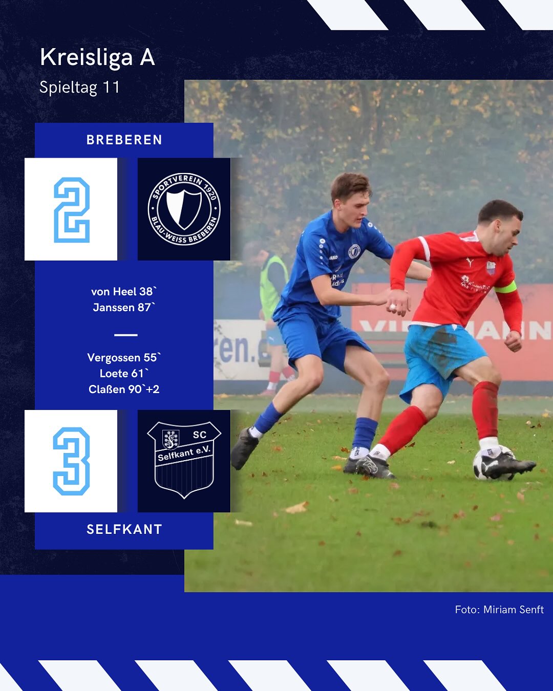 🔵⚪️ Spätes Gegentor kostet Punkt im Derby! ⚪️🔵
⚽️ SV Breberen – SC Selfkant 2:3 (1:0)
In einem intensiven und spannenden Derby musste sich der SV Breberen am vergangenen Sonntag dem @scselfkant knapp mit 2:3 geschlagen geben. Nach starker erster Hälfte und einer 1:0-Führung zur Pause entschied ein später Treffer der Gäste das Nachbarschaftsduell in der Nachspielzeit.
Unsere Blauweißen erwischten den besseren Start und gingen in der 38. Minute verdient in Führung: Eric von Heel nutzte eine Unachtsamkeit in der Selfkänter Abwehr, nachdem Felix Senft stark aufgelegt hatte – 1:0. Die Mannschaft von Trainer Yustin Finlay verteidigte kompakt, ließ vor der Pause kaum Chancen zu und ging mit einer verdienten Führung in die Kabine.
Nach dem Seitenwechsel kam Selfkant jedoch stärker auf. Gioele Vergossen (55.) und Bram Loete (61.) drehten die Partie innerhalb weniger Minuten zugunsten der Gäste. Breberen zeigte Moral, kämpfte sich zurück in die Partie und wurde kurz vor Schluss belohnt: Nach einem Handspiel im Strafraum verwandelte Gianluca Janssen den fälligen Elfmeter sicher zum 2:2 (87.).
Doch das Derby fand ein bitteres Ende für den SVB: In der zweiten Minute der Nachspielzeit traf Tom Claßen per Kopf nach einer Ecke zum 2:3-Endstand (90.+2). Trotz der kämpferisch starken Vorstellung blieb Breberen damit ohne Punkte und verpasste es, den Anschluss ans Tabellenmittelfeld herzustellen.
Schon morgen steht die Chance zur Revanche an: In der zweiten Kreispokalrunde trifft unsere Mannschaft erneut auf den Derbyrivalen – diesmal auf neutralem Boden auf dem Sportplatz in Gangelt (Am Freibad, Sportplatz der @sg_gangelt_hastenrath). Anstoß ist um 20 Uhr.
📸: @miriamsenft
