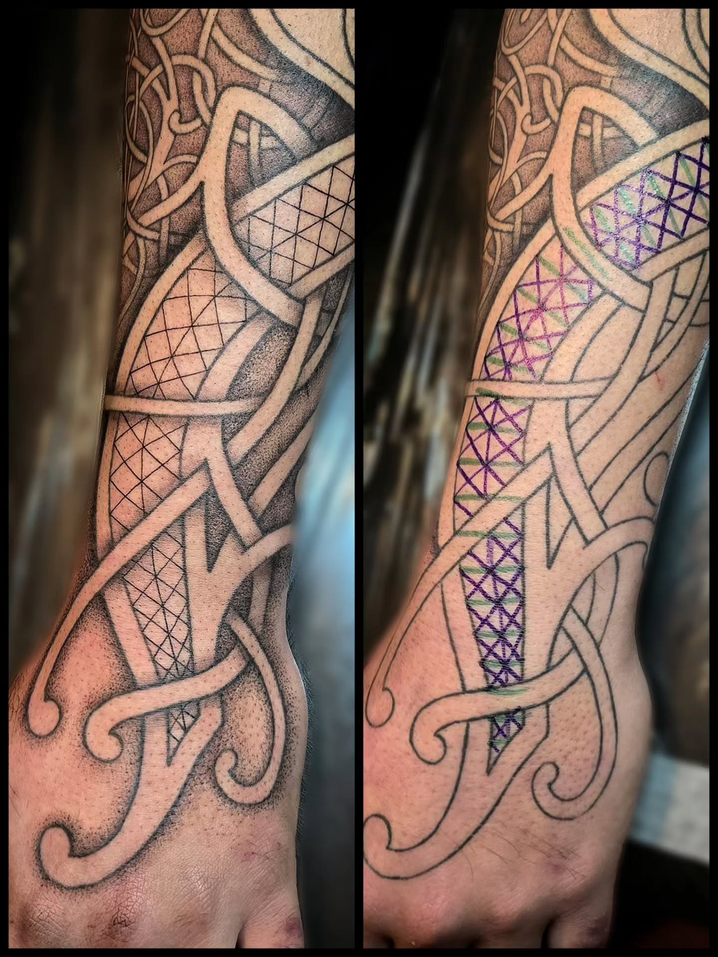 LOVE doing a bit of freehand! Made some progress on my partners sleeve last week ð he's given me total free rein with this project, hopefully we'll get it finished in one more session!
.
.
.
#tattoo #art #design #freehand #custom #nordic #celtic #knotwork #viking #pattern #geometric