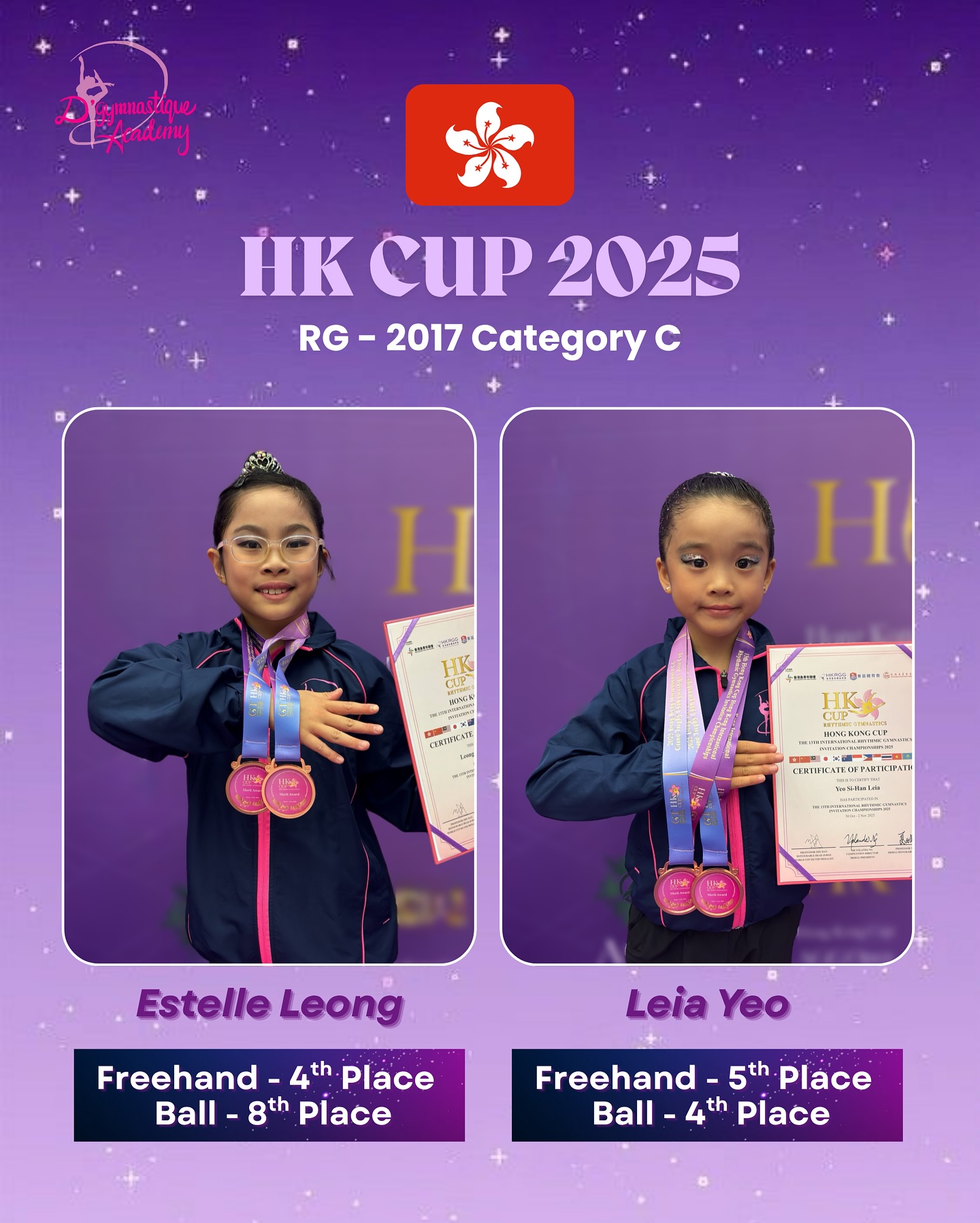 Next up, we would like to congratulate Estelle & Leia for competing in both their FH & Ball routines!🥳 Their dazzling performances earned them incredible results among many competitors, especially in the most competitive category (FH) where they competed against 16 other gymnasts!👏🏻 We couldn’t be more proud of their achievements!✨
Special thanks to @dga.cecilia @shingal3ng @saba_bakatik @coach.yiling for your coaching & unwavering belief in them💐