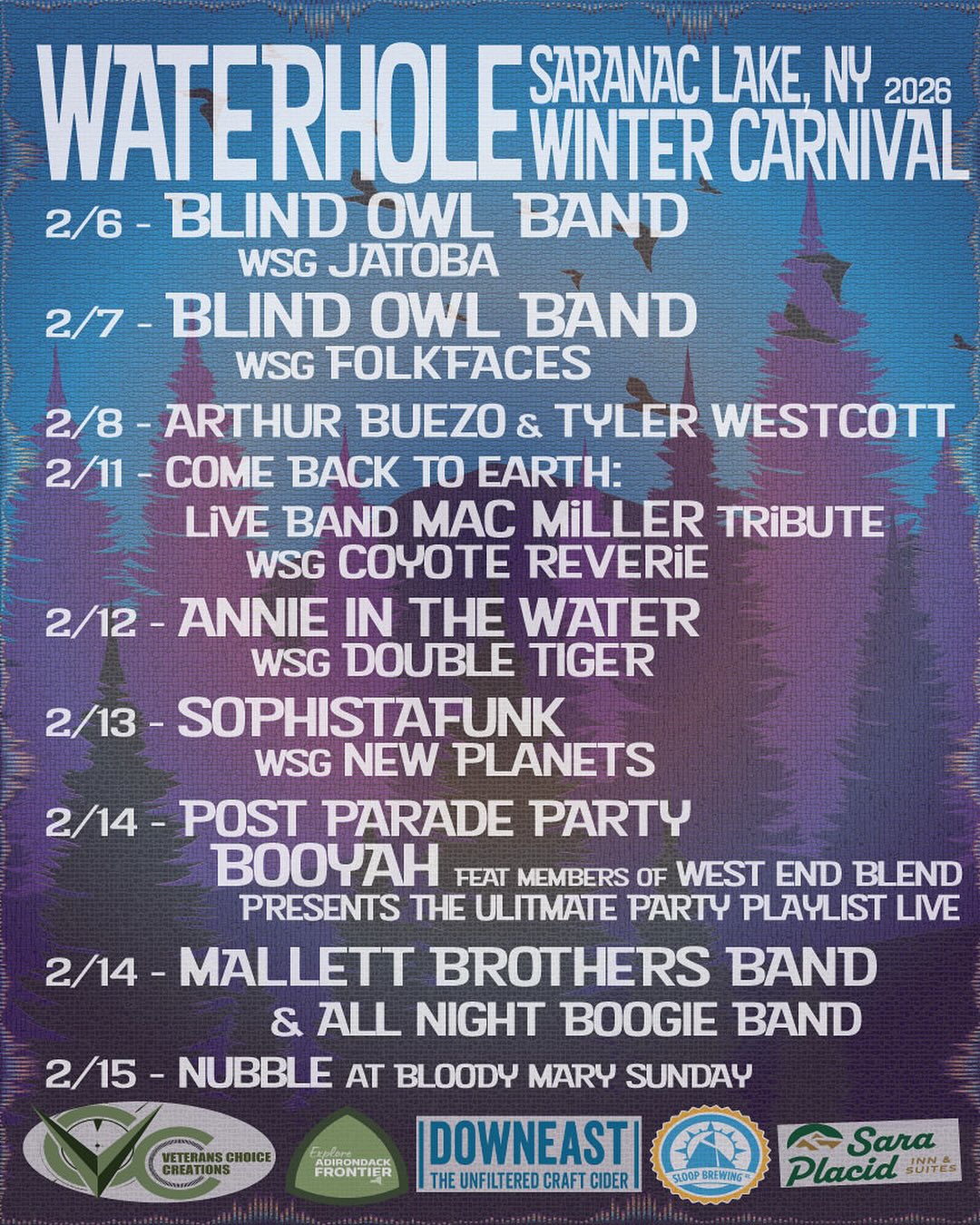 We are back! Again! Two nights for a family gathering at Winter Carnival at the Waterhole!!! 2.6.26 with Jatoba and 2.7.26 with Folkfaces!! Tickets drop on Thursday at 11am Find them at www.saranaclakewaterhole.com