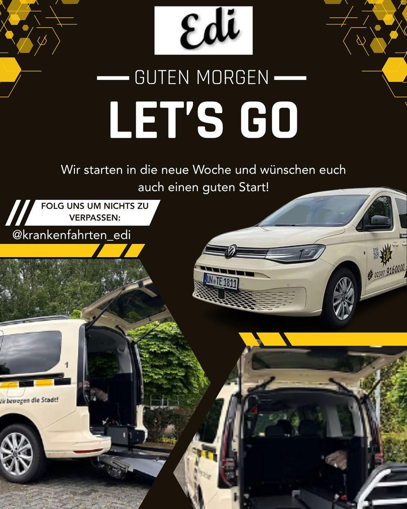 🚖 Guten Morgen und einen guten Start in die neue Woche wünscht dir das #TEAMEDI! 🌞
Wir bringen dich sicher, zuverlässig und pünktlich an dein Ziel! 💪
Egal ob zur Behandlung 🏥, zum Hausarzt 👨⚕️, Facharzt 👩⚕️, Chemo 💉, Dialyse 💧, Flughafen ✈️ oder zur stationären Aufnahme 🏨 –
wir sind für jeden Weg der richtige und kompetente Partner! 🤝
📞 Anruf genügt – wir holen dich ab!
#TEAMEDI #TaxiService #Krankenfahrten #Rollstuhltransport #Dialysefahrt #ChemoFahrt #SicherUnterwegs #Pünktlich #Zuverlässig #ServiceMitHerz #Unna #Lünen #Kamen #Bergkamen #TaxiEdi