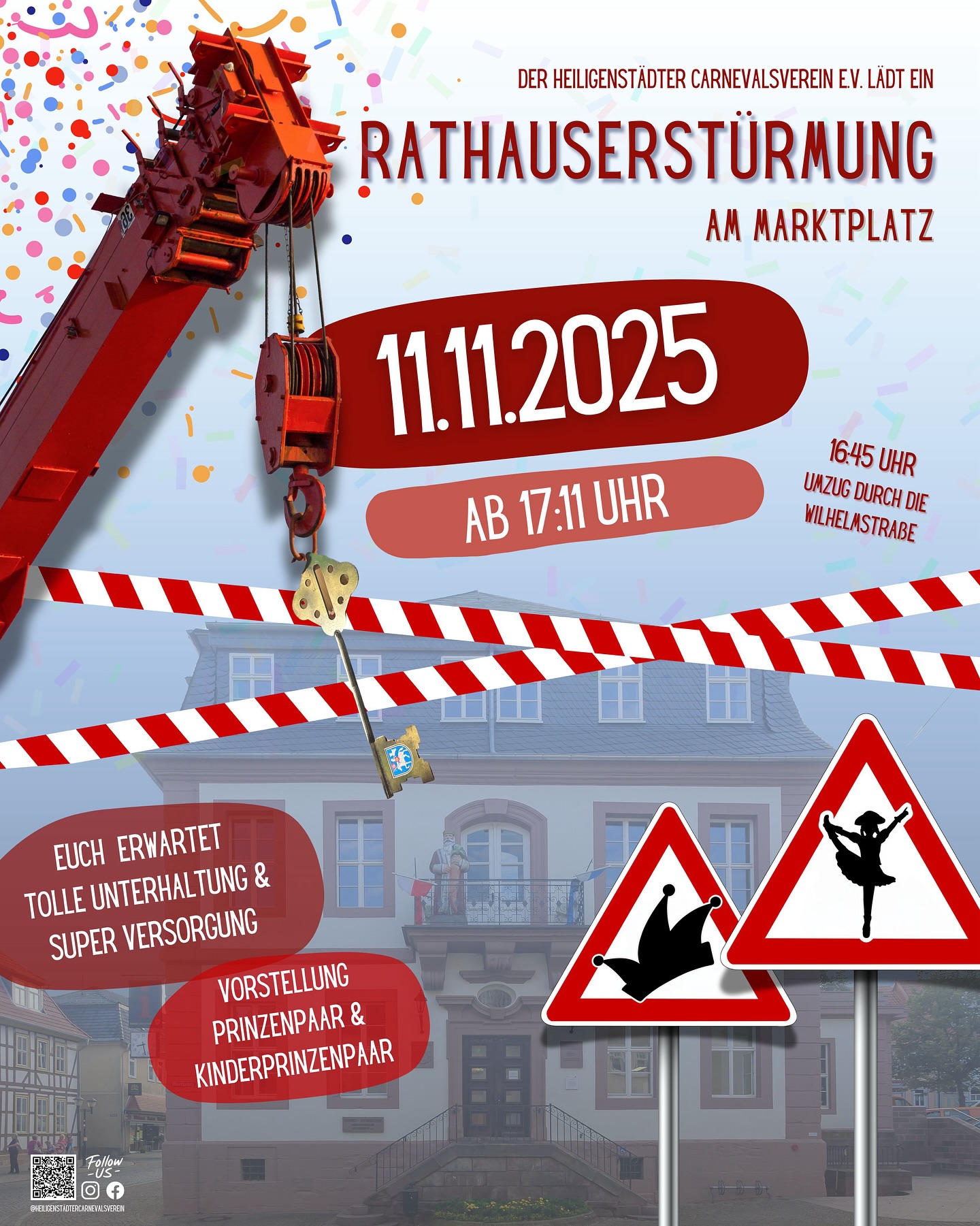 🎉🤡 ES GEHT WIEDER LOS! 🤡🎉
Der Heiligenstädter Carnevalsverein e.V. lädt ein zur großen Rathausstürmung am 11.11.2025 🎊
📍 Marktplatz Heiligenstadt
🕔 Start: 17:11 Uhr
🚶♀️ Umzug durch die Wilhelmstraße ab 16:45 Uhr
Freut euch auf:
🎭 Tolle Unterhaltung & super Versorgung
👑 Vorstellung des Prinzenpaars & Kinderprinzenpaars
Kommt vorbei und feiert mit uns den Start in die fünfte Jahreszeit! 💙🤍💙🤍
Lasst uns gemeinsam das Rathaus erobern und den Beginn der närrischen Zeit gebührend feiern! 🥳🎺
#Karneval #Heiligenstadt #Rathausstürmung #HigHigHelau #HCV #Karneval #Fasching #Helau