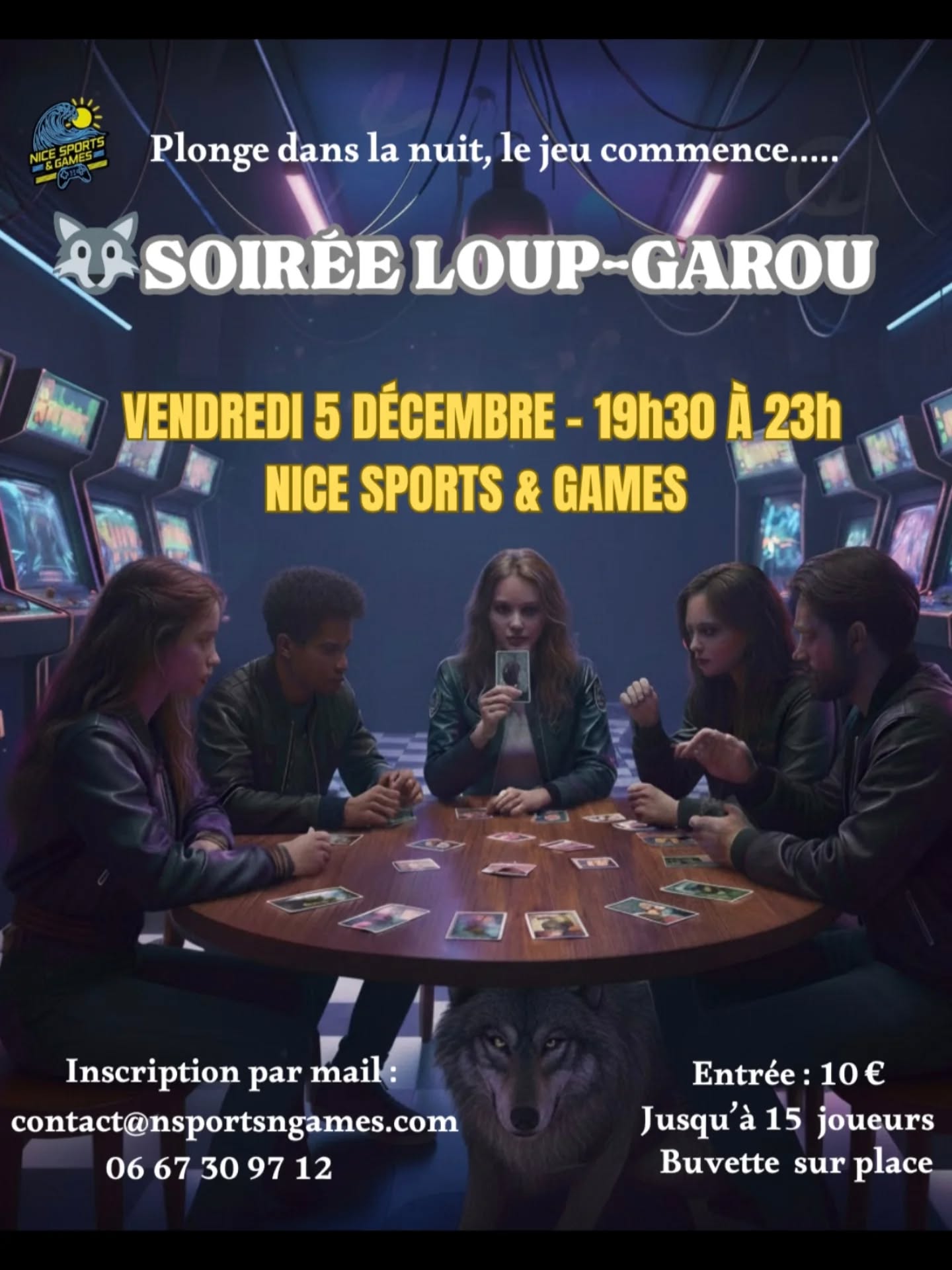 🐺 Loup Garou débarque à Nice Sports & Games !
🗓️ RDV le 05 décembre 2025 à 19h30.
📝 Réserve vite ta place à contact@nsportsngames.com !
💲 10€ par personne.
🎮 Après ou avant la partie, possibilité de bénéficier d'une promotion exceptionnelle avec l'heure de jeux à 10€ (au lieux de 15€).
#loupgarou
#мафия
#billard
#karaoke
#salledejeux