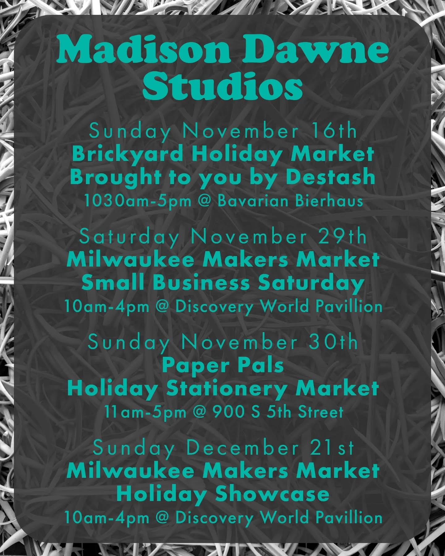 ✨ TIS THE SEASON ✨
.
✨ Support Local Artists at Holiday Markets Season ✨
.
Boycott Big Business by Shopping Small at all sorts of markets happening around Milwaukee over the next two months.
Shop greeting cards, prints, bags, banners and blank books, all hand printed by screen printing or hand carved linoleum blocks!
.
.
.
Sunday November 16th
The Brickyard Holiday Market
@mkedestashevent_thebrickyard
1030am-5pm @bavarian_bierhaus
.
Saturday November 29th
Small Business Saturday
@milwaukeemakersmarket
10am-4pm @discoveryworldmke
.
Sunday November 30th
Paper Pals Holiday Stationery Market
@paperpals.stationery
11am-5pm @ 900 S 5th Street
.
Sunday December 21st
Holiday Showcase
Milwaukee Makers Market
10am-4pm @ Discovery World
.
.
.
#milwaukee #MilwaukeeEvents #holidaymarket #shopsmall #supportlocal #smallbusiness #womanowned #handmade #printmaker #printmakersofinstagram