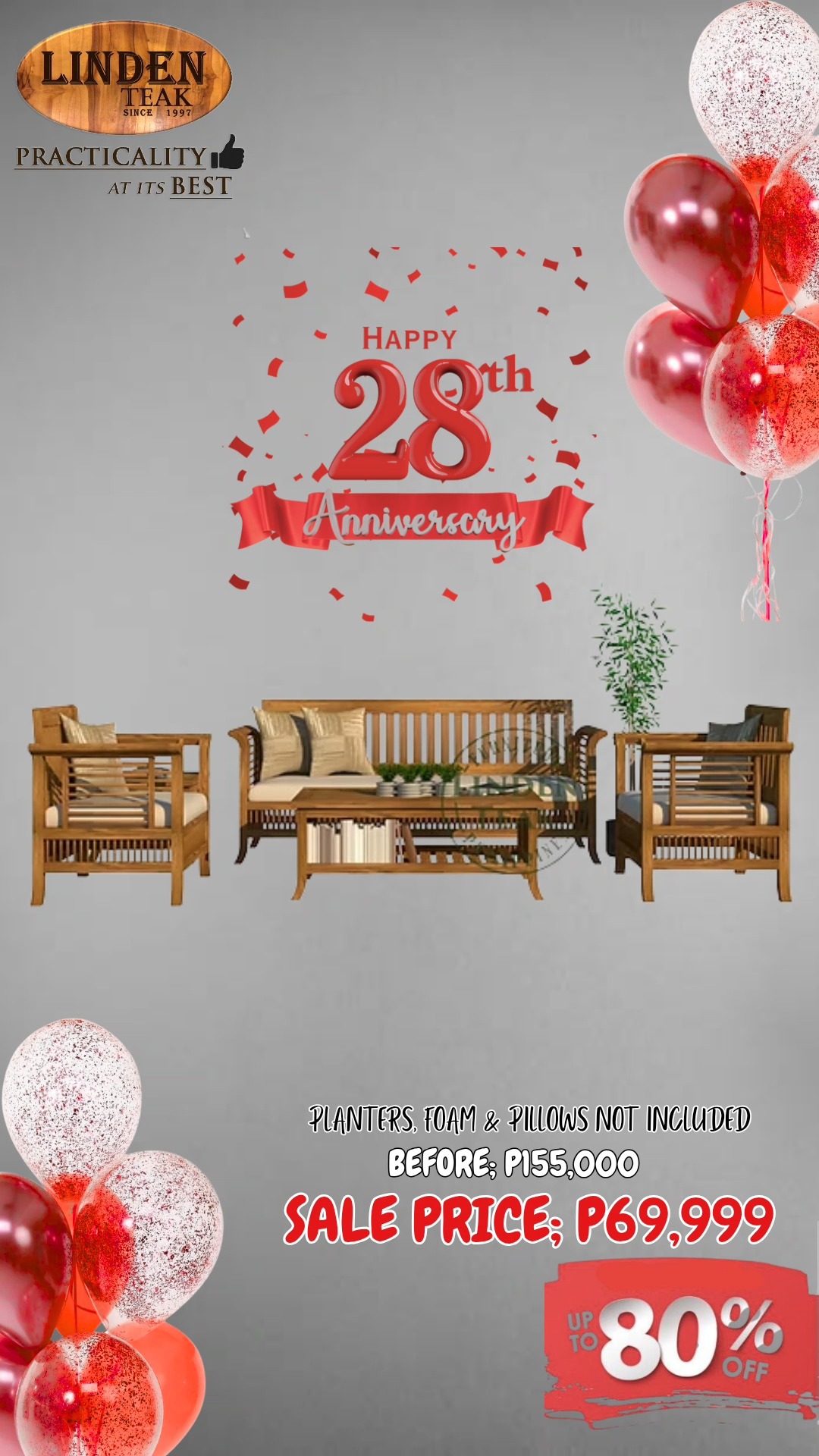 🎉 Celebrating Our 28th Anniversary!
This month only, enjoy up to 80%OFF on select items—our biggest savings of the year! Plus, get 0% interest for up to 12 months on selected purchases.
🪑 We also offer free design consultations and 3D drawings for customized furniture, along with free delivery in select areas.
📍 Visit our stores to explore over 500 actual ITEMS on display, or browse online at www.lindenteakfurniture.com.