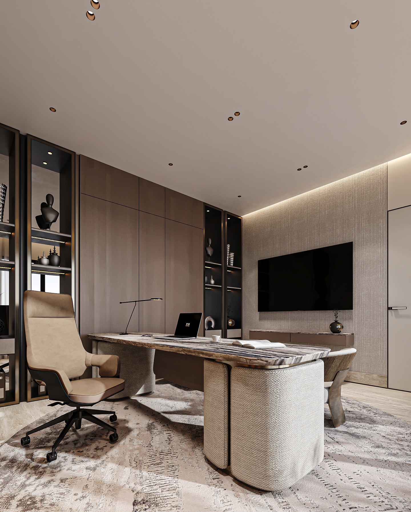 A private study designed as a sanctuary of quiet confidence. Soft tonal layers, natural stone, and warm wood create an atmosphere of composed elegance.
The space balances contemporary lines with tactile finishes, allowing light and texture to speak gently.
Every detail is curated to feel intentional, refined, and deeply personal, a place where thought and presence are given room to unfold.
#ksa #dubai #uae #interior #design #maroonarchitects #architecture #landscape #InteriorDesign #LuxuryInteriors #RiyadhHomes #ModernLuxury #PrivateStudy #ArchitecturalDesign #ContemporaryLiving