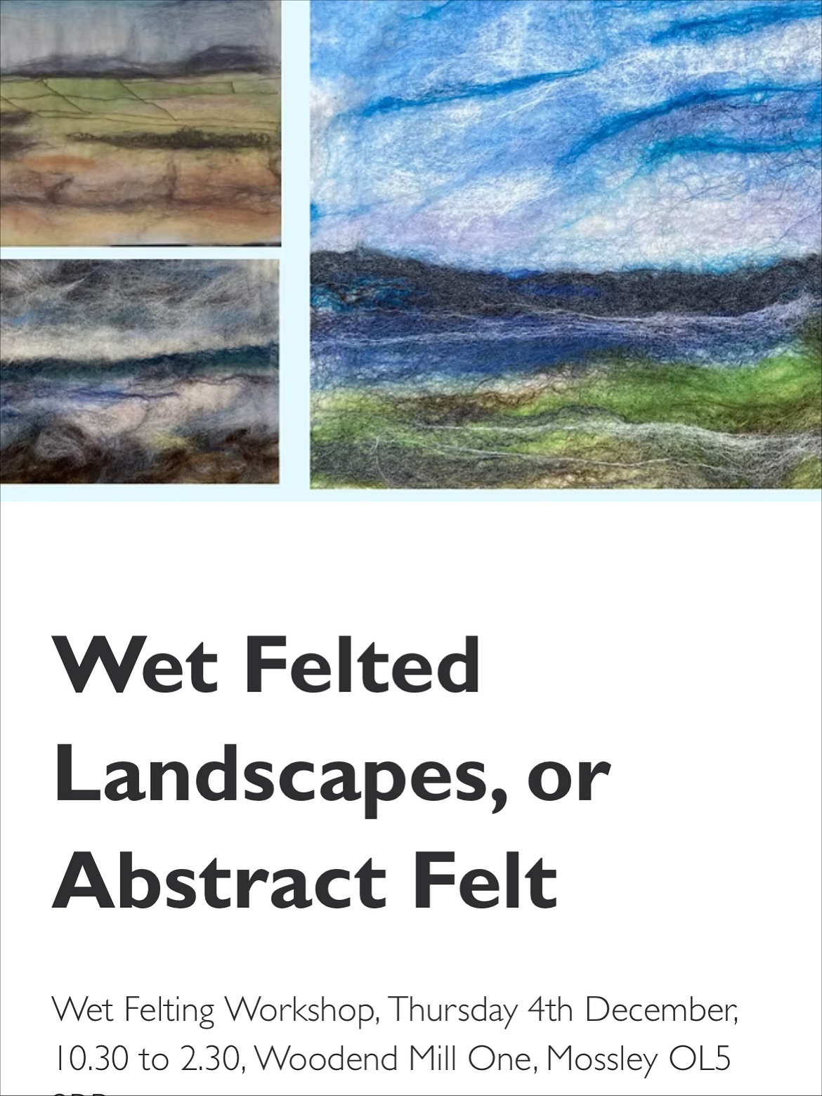 This one is for you if you'd like to experience the oldest craft ... The magical experience of wet felting.
The next workshop at the studio is in a few weeks time.
It involves the layering of wool tops, and processing to make a felted panel, it's a magical and organic process, and is surprisingly easy to do.
To join the workshop, book your place at the website.
#wetfelting #wetfelt #textileart #mossley #saddleworth
