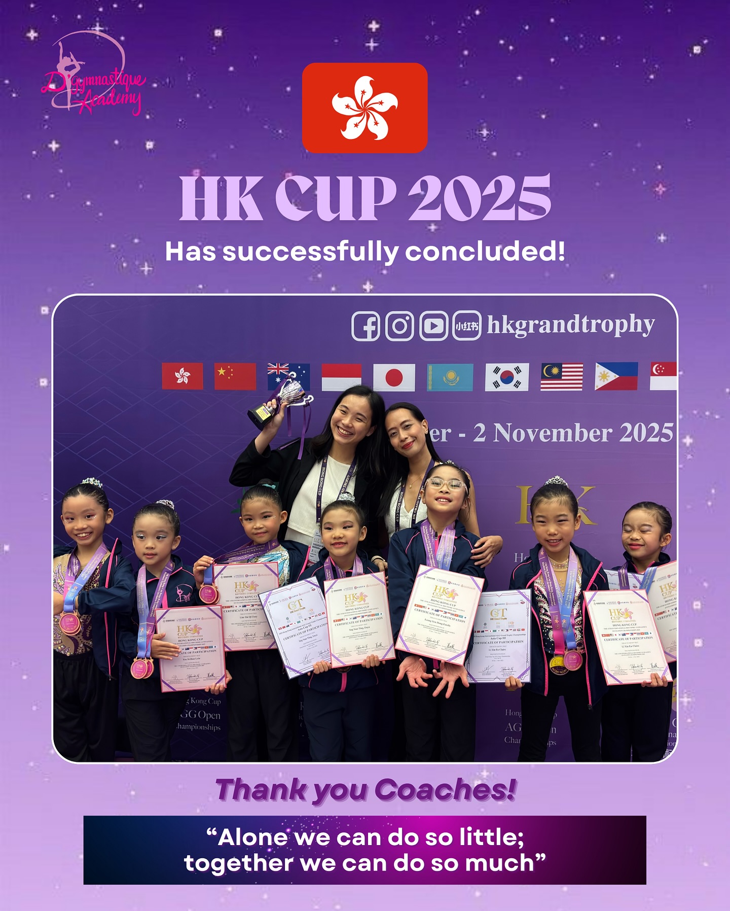 We are elated to share that Team DGA went to Hong Kong🇭🇰 earlier this month to compete at the prestigious Hong Kong Cup 2025 @hkgrandtrophy in both Rhythmic Gymnastics & Aesthetic Group Gymnastics!😍
Most of our gymnasts also competed internationally for their first time and the girls did exceptionally well among many competitors from different countries!👏🏻 It was truly a joy to witness their growth, courage and support for one another!🫂
Huge thanks to our dedicated coaches @dga.cecilia @coach.yiling for working tirelessly to make sure that the girls are well taken care of! Let’s come together to celebrate and enjoy the fruits of our hard work & efforts!💪🏻💜