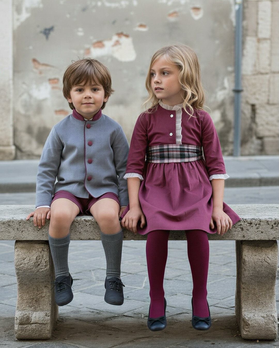 Os contamos como van vestidos estos niños. La niña va con el modelo Patricia en terciopelo púrpura con fajín en tela bosque y el niño con chaqueta London que combina el terciopelo gris con el púrpura y pantalón austriaco en este color.