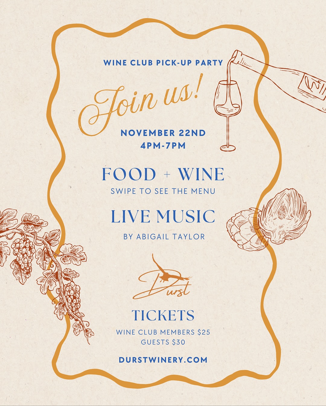 We’re toasting to gratitude, good wine, and the people who make it all possible - our members.
Join us November 22 for our Wine Club Pick-Up Party featuring live music, chef-prepared bites, and the debut of our newest release, Primitivo.
Sip, savor, and stock your cellar just in time for the holidays.
🎟️ Tickets available now at durstwinery.com
#DurstWinery #DurstEstate #WineClub #LodiWine #LodiWinery #WineryEvents #CaliforniaWine #WineTasting #Primitivo #FallAtDurst #WineLovers #SipSavorRepeat #HolidayWines