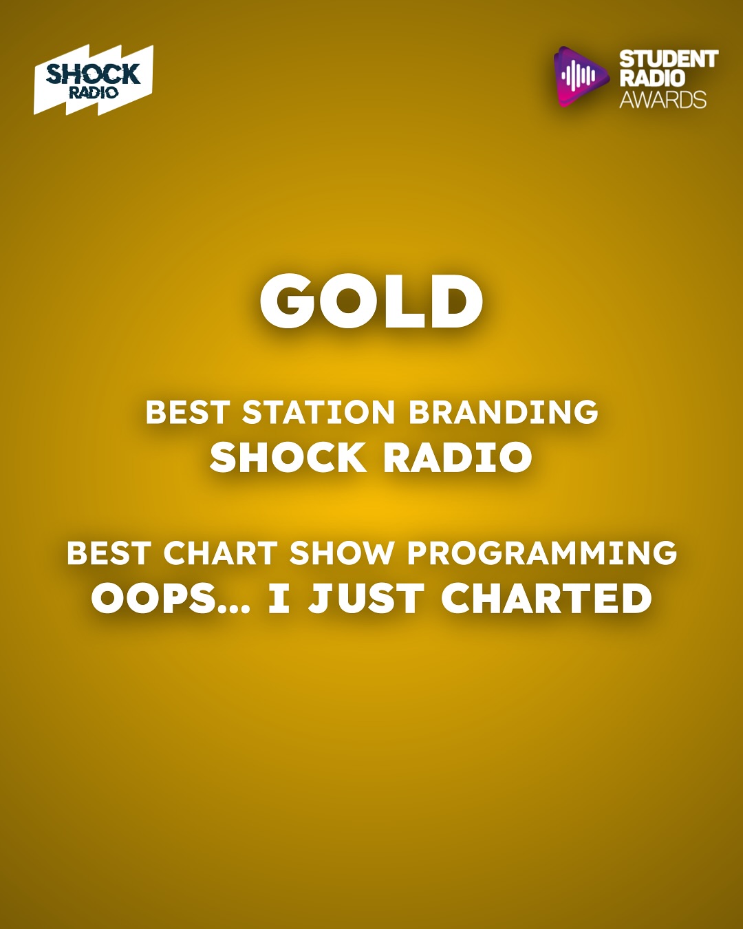 🏅 SHOCK WINS AT THE SRA AWARDS! 💛
We’re delighted to announce that Shock won 6 awards last night at the 30th Student Radio Association Awards! 2 gold, 2 silver and 2 bronze were taken home to Salford. ⭐️
We are enormously proud of everybody involved! It was a fantastic night and we can’t wait to do it all again next year. 🥇
#studentradio #sra #shockradio #salford