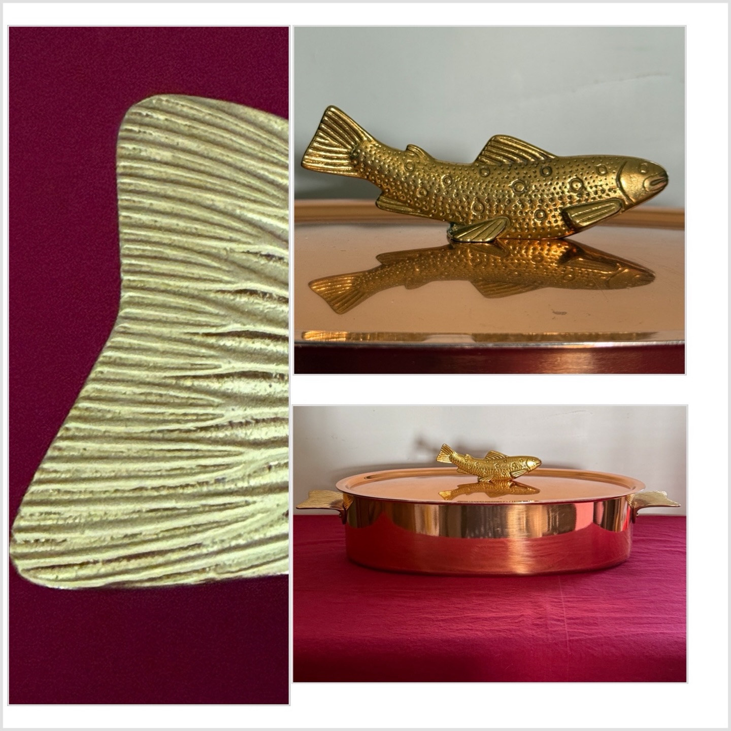 Poissonnière en cuivre étamé de la marque Stockly ( fabrication suisse ).
Longueur : 42,5 cm
Longueur de prise à prise : 51 cm
Largeur : 22 cm
Hauteur : 10,5
Poids : 3kg450
État proche du neuf , un joli poisson en guise de prise et queues de poisson pour les prises de côtés.
Dans sa boîte d’origine.
Toujours très utile en cuisine ou en décoration .
🛒 prix et disponibilité dans la boutique en ligne.
#cuivre #poissonnière #ustensiledecuisine #casserole #marmite #cuivreétamé #décoration #vintage #stockly #madeinsuisse🇨🇭 #antiquites #misslittlebottle #decoration #decorationdecuisine