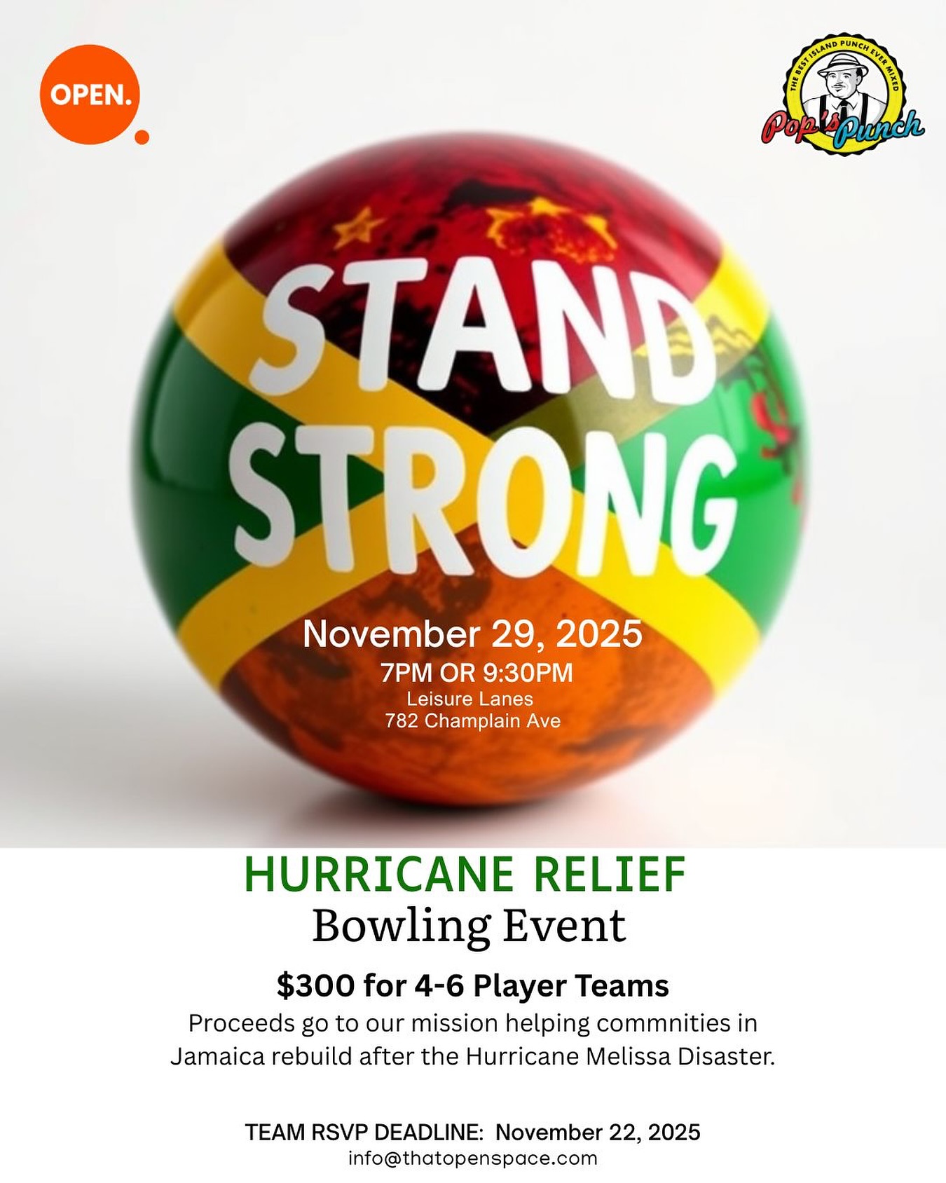 Let's roll for a reason!
Join us for a bowling night to raise funds and support those affected by Hurricane Melissa in Jamaica. 🇯🇲❤️
Choose from 2 timeslots: 7PM or 9:30PM. Register your 4-6 player team ASAP with a $100 deposit. No team? No problem! We'll find one for you.
Big thanks to our local businesses!
Let's STAND STRONG and make a difference! 🇨🇦