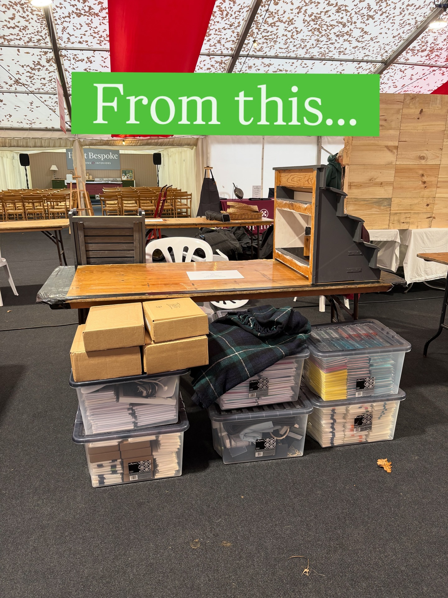 It was a quick dash from the car to the marquee with all this, to avoid the epic downpour…
And in the blink of an eye, it’s all set up.
Come and say hello if you’re at @cotswoldfair
I’ve got lots of new designs x