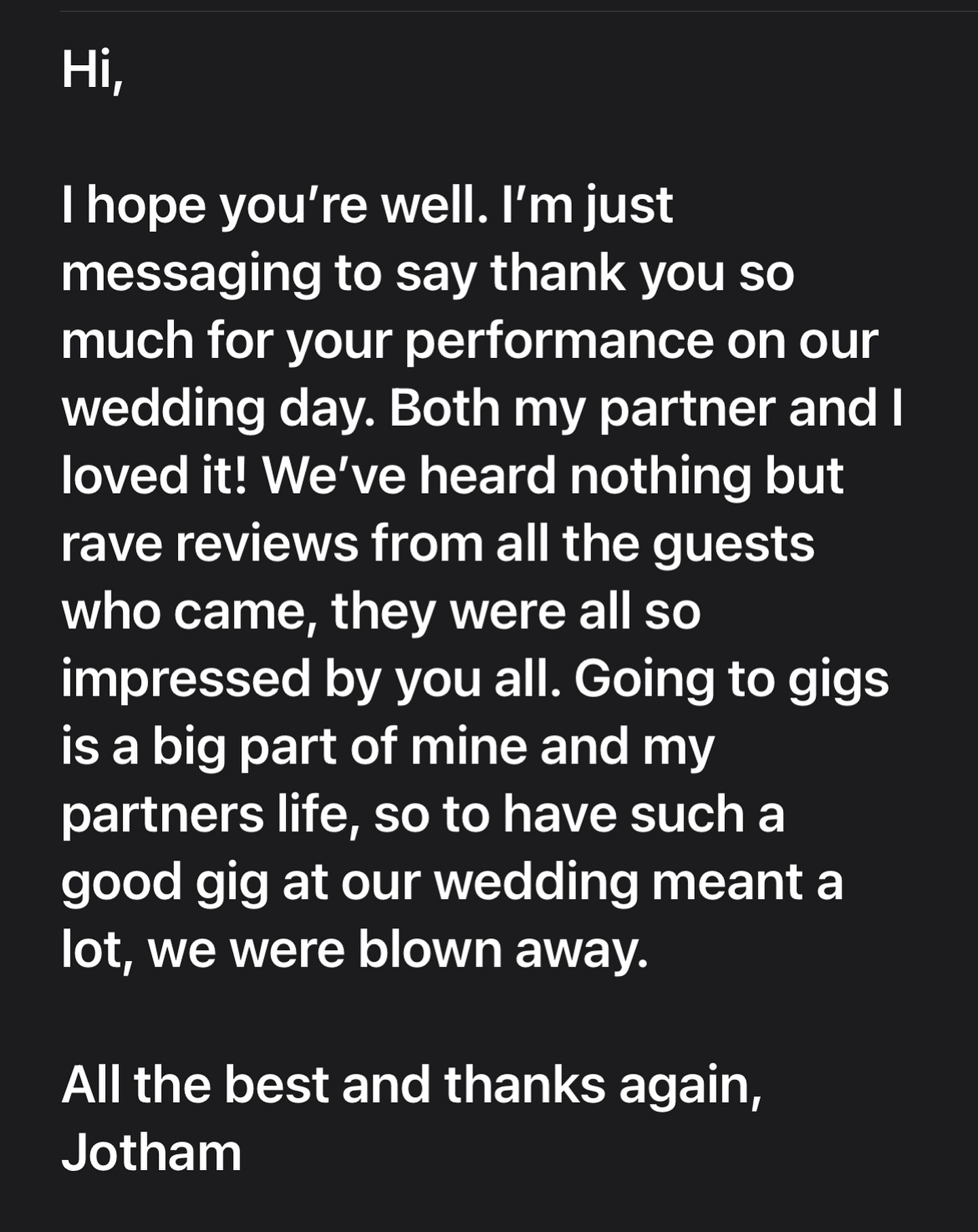 Testimonial! Thank you Jotham and Rebecca ❤️. @martyndrabik @tristanevansgtr @jarredwhitedrums @ro_barrett @korolevamoon #weddingband #Irishmusic #irishtrad ##weddingentertainment #entertainmentindustry #livemusic #coverband #Irishweddingbanduk #functionband #rockcoversband #miraclecure_band #thescene #indiecoversband #ibanez #ibanezprestige #fishman #martinaudiolondon #voxampsuk #weddingbands #corporateevents #irishtrad #Irishmusic #turbosound #eventsplanner #ceilidh #ceilidhband #corporateeventplanner #corporateevents #myweddingsuppliers #folkweddingband #miraclecure_band