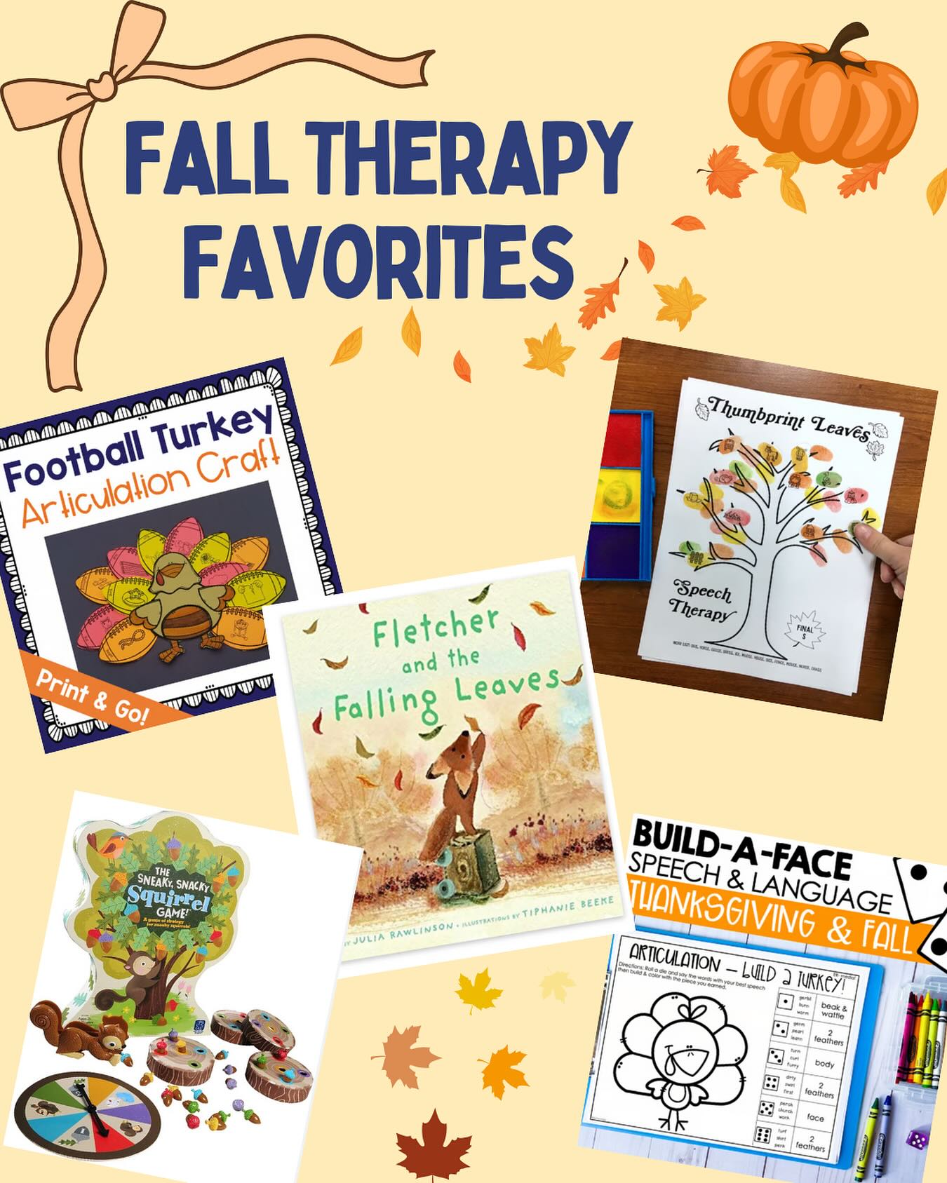 Sharing my November therapy plans!🧡 (because who has time to plan these days?😅) I absolutely love fall and there’s so many themes you can do during the month of November: pumpkins, leaves, football, and Thanksgiving! 🍂 🏈 🦃
•Books: Fletcher and the Falling Leaves, There Was an Old Lady Who Swallowed Some Leaves!, Apple Trouble!, Bear Says Thanks
•Crafts and Activities: Thumbprint Art Falling Leaves from Panda Speech, Thanksgiving and Fall Build-A-Face from Ashley Rossi, Turkey Talk Articulation from Pinwheel Speech Resources, Football Turkey Articulation Craft from Fun in Speech
•Games: The Sneaky Snacky Squirrel Game, Apples to Apples Junior
•Boom Cards: Feed the Turkey from Pinwheel Speech Resources, Fall Scavenger Hunt from Itty Bitty Speech
All crafts and Boom cards can be found on TeachersPayTeachers!
•
•
•
#speechtherapy #speech #speechlanguagepathology #speechlanguagepathologist #speechpathology #speechtherapist #speechdelay #speechlanguagepathologist #speechies #speechdevelopment #speechlanguagetherapy #speechandlanguage #speechtherapists #fall #therapyplans #planning #ilovefall #thanksgiving