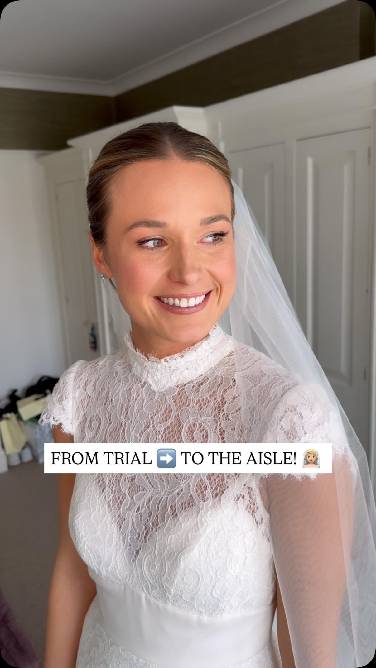 FROM TRIAL ➡️ TO THE AISLE ✨
Beautiful Olivia 👰🏼
Olivia has ALOT of hair, but she knew she wanted a sleek bun - so at her trial we tried two versions! We ended up choosing option two, which sat a little higher on her head and was tighter and sleeker overall.
Originally, we planned to leave a few soft pieces out at the front (as you’ll see in the trial video), but on the day we decided to go for a full updo - and I LOVED it! It looked so chic and really showed off her beautiful face 💕
For makeup, we kept things pretty much the same from trial to wedding day. The lighting in the videos makes it look a little less glowy on the day, but trust me, she was radiant!
And can we just take a moment for that dress?! WOW 🤍👰🏼