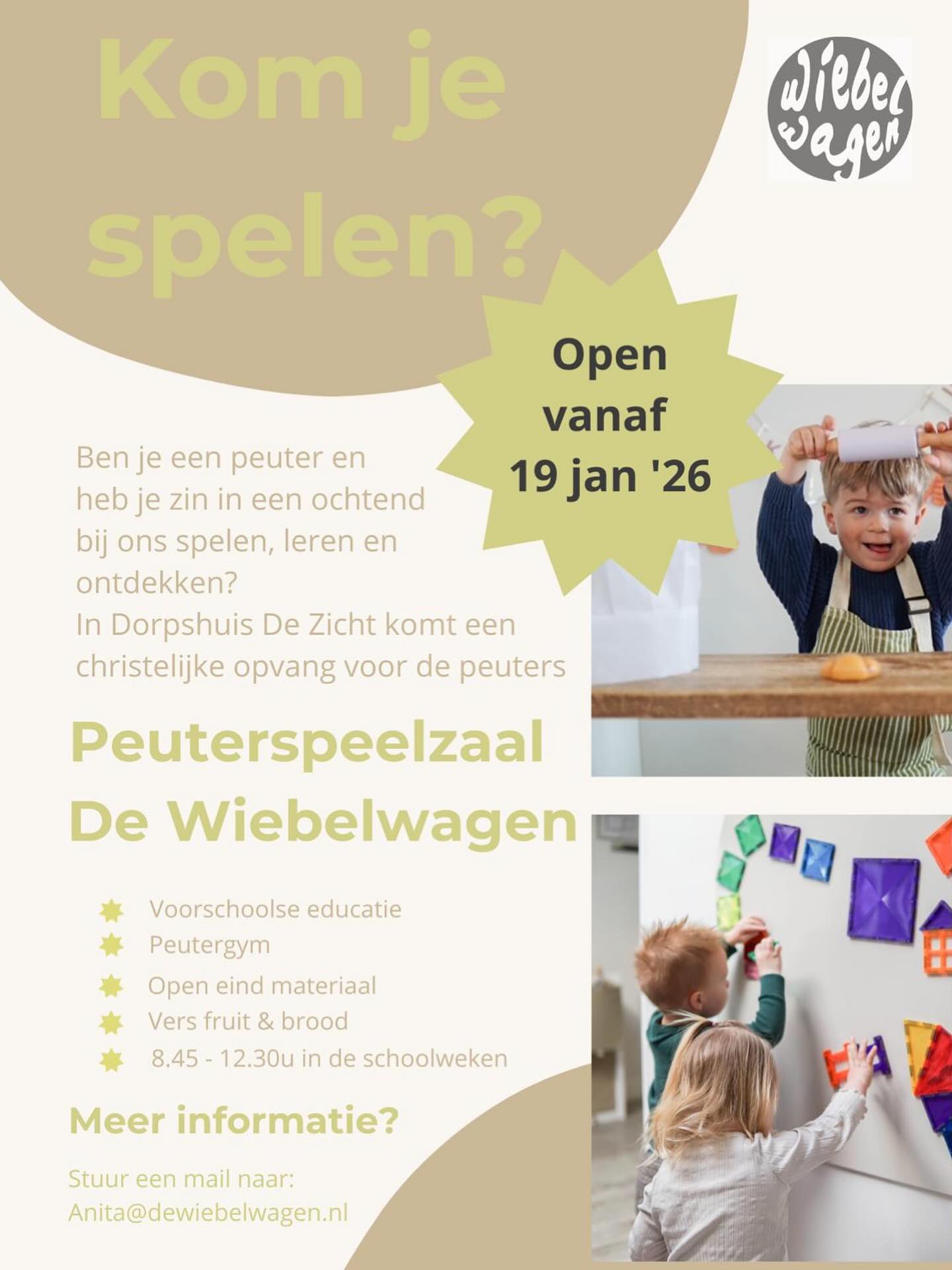 Nieuw in Dorpshuis De Zicht: Peuterspeelzaal De Wiebelwagen! π
Vanaf 19 januari 2026 openen wij onze deuren en ben jij van harte welkom om te komen spelen, ontdekken en leren!
Is jouw peuter nieuwsgierig, energiek en klaar voor nieuwe avonturen? Bij De Wiebelwagen bieden we:
β Voorschoolse educatie
β Peutergym
β Spel met open-eind materiaal
β Heerlijk vers fruit & brood
Samen creΓ«ren we een veilige, gezellige en christelijke omgeving waar peuters elke ochtend mogen groeien en genieten. π
π
Elke schoolweek van 8.45 β 12.30 uur
π© Meer weten? Mail naar Anita@dewiebelwagen.nl
Kom je ook spelen? πΌ
#dewiebelwagen #peuterspeelzaal #dorpshuisdezicht #spelendleren #peutergym #nieuw #opening2026 #christelijkeopvang #peuters