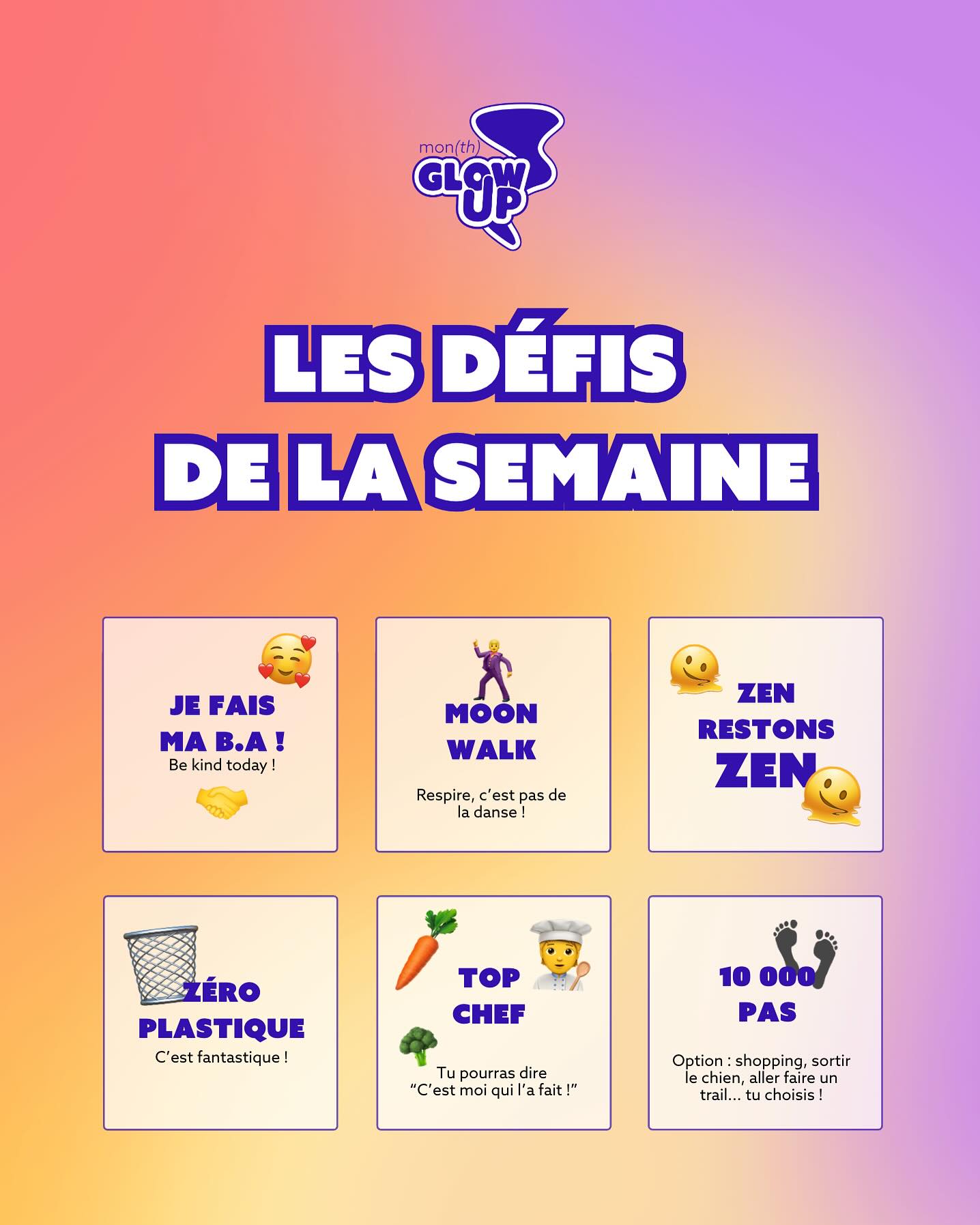 🥳 Félicitations pour cette première semaine de défis !
Alors qu’est-ce que tu as pensé des premiers défis ? Tu es prêt.es pour la suite ? 😉
On est dimanche et qui dit dimanche, dit annonce des défis de la semaine ! On te dévoile les 6 nouveaux défis ⤴️
Retrouve toutes les infos détaillées (et des exclus 👀) sur notre canal Mon(th) Glow Up (le lien dans la bio) et aussi tu peux télécharger ton carnet de bord et ta liste de défis à cocher !
😱 Pas encore inscrit·e ? Pas de stress, tu peux nous rejoindre à tout moment 😉 et même si tu n’as pas fait tous les défis, pas de soucis !
Pssssit : tu peux aussi nous suivre sur TikTok 👀