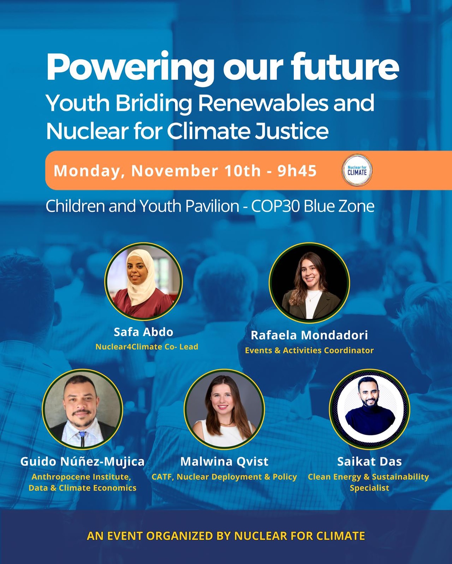 🌍 Tomorrow at COP30!
We’re excited to announce that Nuclear for Climate will be actively contributing to the conversation on climate justice, clean energy, and youth leadership.
🎙️ Panel: Powering Our Future: Youth Bridging Renewables and Nuclear for Climate Justice
🗓️ November 10th — 09:45 to 10:25 (GMT-3)
📍 Children and Youth Pavilion – COP30 Blue Zone
Our N4C Delegate & Events Coordinator, Rafaela Mondadori, will be moderating the discussion, bringing her experience in nuclear engineering and global youth engagement to the forefront.
Alongside her, our Co-Lead of Nuclear for Climate, Dr. Safa Abdo, Ph.D., will also take part in the session — contributing her expertise on environmental applications of nuclear technologies, stakeholder engagement, and youth climate education.
Safa has been a leading voice at COP28, COP29, and now COP30, advocating for science-based climate action and inclusive dialogue. ⚛️💚
Panel Speakers:
• Malwina Qvist, Ph.D. — CATF, Nuclear Deployment & Policy
• Saikat Das — Clean Energy & Sustainability Specialist
• Guido Núñez-Mujica — Anthropocene Institute, Data & Climate Economics
⸻
Why this matters:
To achieve true climate justice, we need every low-carbon solution at the table.
This panel brings together young scientists, advocates, and policy voices to discuss how renewables and nuclear together can support a fair, resilient, and decarbonized future.
Join us, learn, and be part of the dialogue. 🌱⚛️
Youth are not just the future — we are shaping the decisions of today.
#COP30 I #NuclearForClimate I #ClimateJustice I #YouthVoices I #CleanEnergy I #EnergyTransition I #NuclearEnergy I #Sustainability I #WomenInNuclear I #StakeholderEngagementv