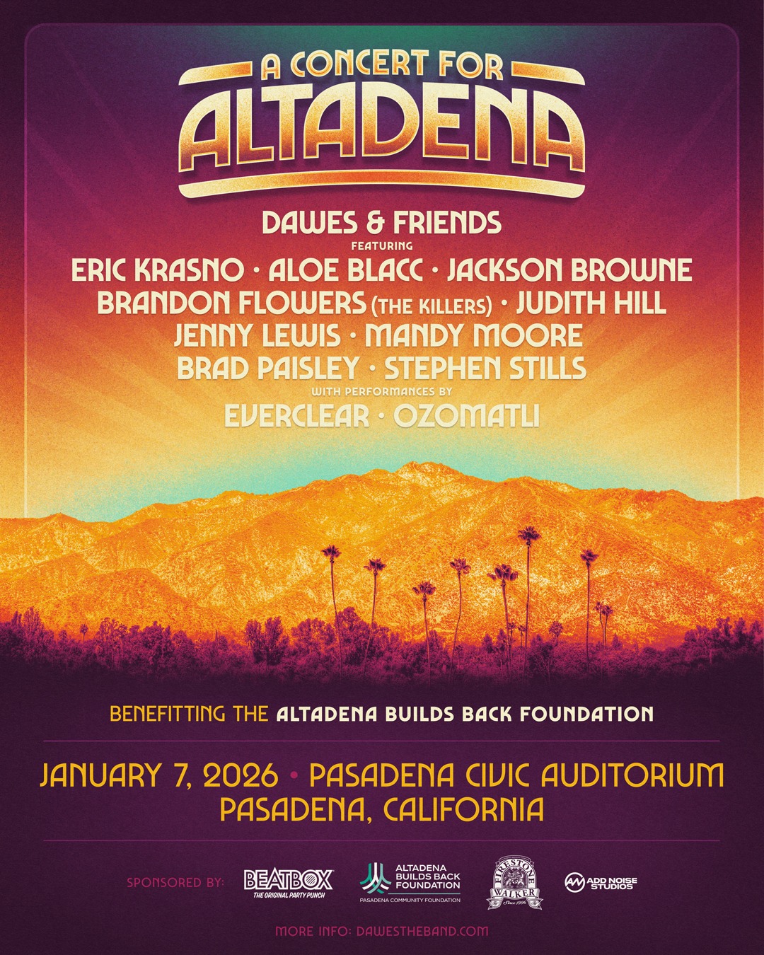 As part of our work with the LA Strong Comms Coalition (@lastrongcomms) we are proud to announce Hustle&Co. is providing pro bono support for A Concert for Altadena - a powerful night of music, memory, and community healing 💛 Join us January 7, 2026 at the Pasadena Civic Auditorium as we mark one year anniversary of the LA fires and celebrate the strength of our neighbors who continue to rebuild and rise together ✨ Featuring performances by Dawes & Friends (@dawestheband), Aloe Blacc (@aloeblacc), Jackson Browne (@jacksonbrowne), Mandy Moore (@mandymooremm), Brandon Flowers (@brandonflowers), and more, all benefitting the Altadena Builds Back Foundation. Together, we are #LAStrong 💪
Purchase tickets at the link in our bio!