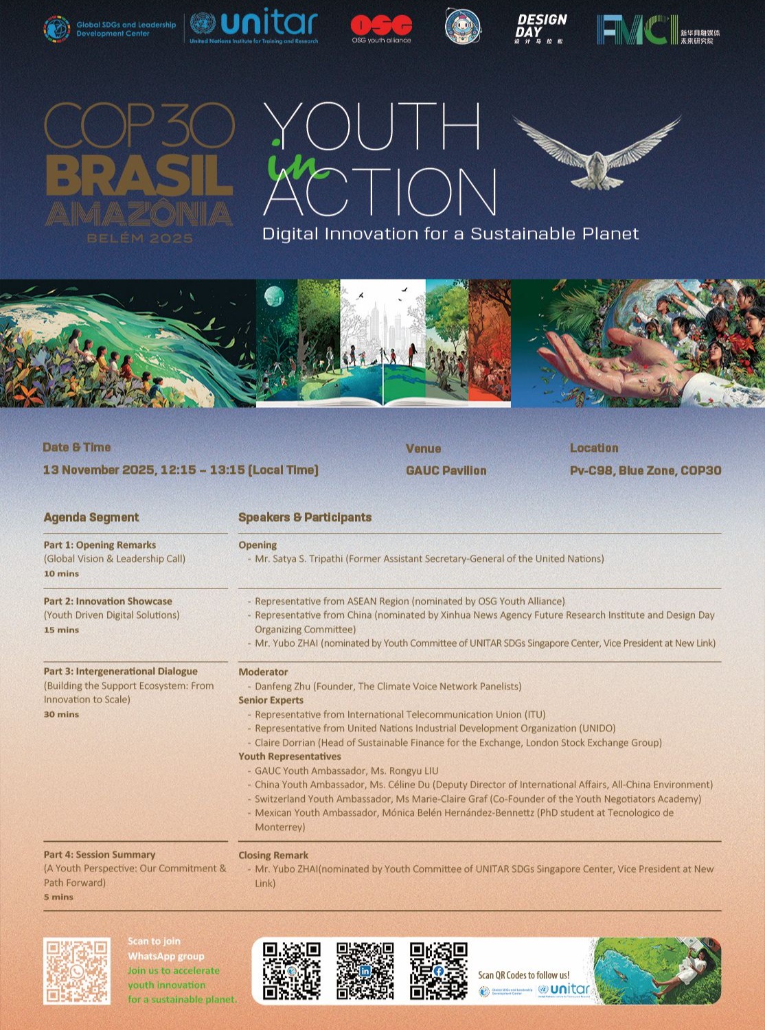 📣 #UNITAR Special #COP30 Event — Tomorrow at 12:15 PM local time at the #GAUC Pavilion!
We’re excited to share that our Co-Founder and Co-Director, @marie.claire.graf, and Wisdom Council Member, Mr. Satya S. Tripathi, will be speaking at this special session on #DigitalInnovation by #Youth for #Climate 🌍💡
Mr. Tripathi, Former UN Assistant Secretary-General, will open the session with inspiring remarks — setting the tone for a powerful intergenerational dialogue on leveraging digital tools for climate action.
The session will also feature an incredible lineup of young leaders and experts.
We’re proud to see our community contributing to such an impactful dialogue on innovation for climate solutions as led by young people. Join us in celebrating and supporting these change-bringers at #COP30Brazil 🌱✨
#YouthNegotiatorsAcademy #DigitalClimateAction #UNITAR #GAUC #YouthLeadership #ClimateInnovation