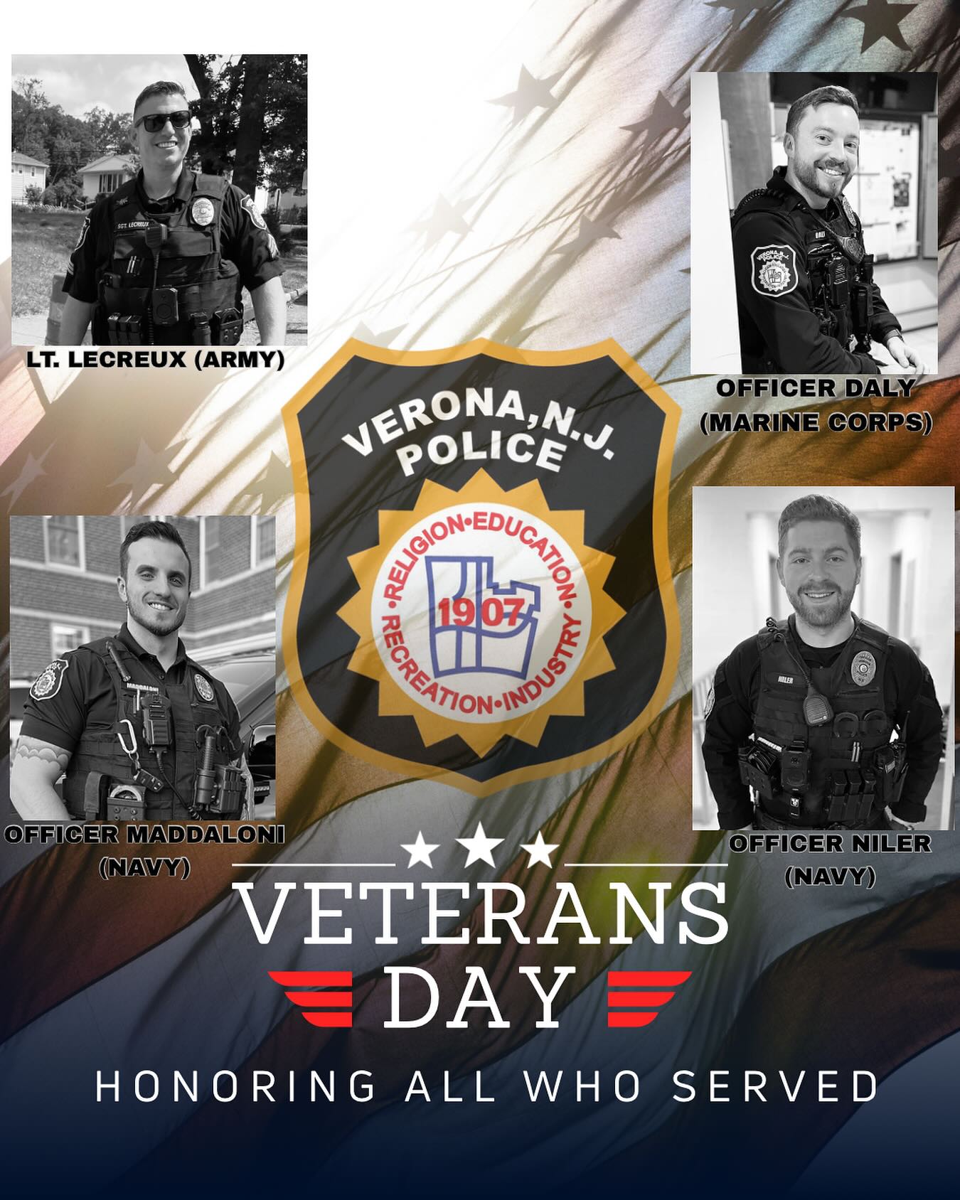 🇺🇸 Honoring all who served. Thank you for your courage, sacrifice, and dedication.
Special shoutout to our very own, Lt. Lecreux (Army), Officer Daly (Marine Corps), and Officers Maddaloni & Niler (Navy). We appreciate you!
#veronapd #vpd #veronapolice #VeteransDay