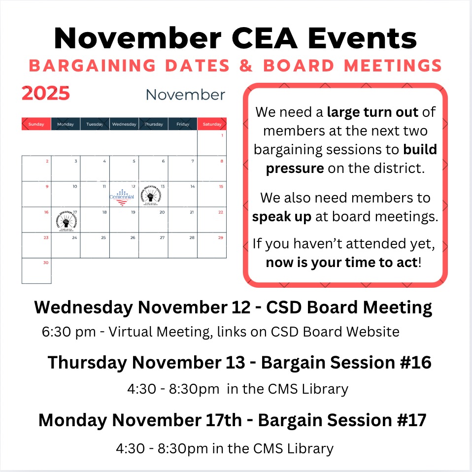 Come support Centennial Educators at our two bargaining sessions on Thursday November 13 and Monday November 17.
Both sessions will start at 4:30 pm at the Centennial Middle School library and go for a few hours.
RSVP using the link in our bio!