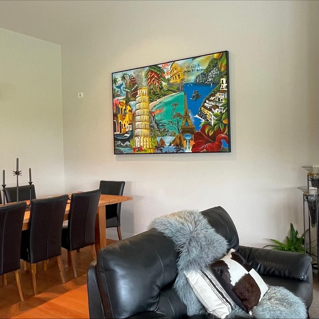 “Living the dream”
This is my last customized painting, made for a lovely couple from Whitianga who asked me to paint part of their journey — travelling around the world and following their dreams, truly living the dream.
They welcomed me into their amazing home, we opened a bottle of wine, and the words started to flow — stories about their lives, favourite colours, places, family and flowers. From that beautiful brainstorm, this piece came to life.
It became one of my favourite paintings because I could feel their vibe in every word. It made me so motivated and inspired to paint it with even more love.
I truly appreciate it — thank you so much for trusting my work, Jude & Gray 💛
Commissions are now open for 2026!
#livingthedream #comission #madewithlove