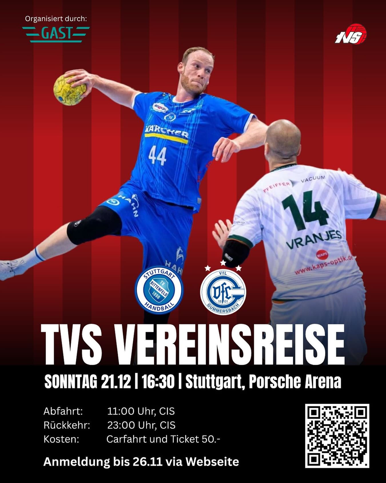 TVS Vereinsreise nach Stuttgart!🇩🇪🤾🏻♂️
Am Sonntag, 21. Dezember geht’s gemeinsam ans Bundesligaspiel TVB Stuttgart vs. VfL Gummersbach in der Porsche Arena! 💪🔥
🚌 Abfahrt: 11:00 Uhr ab CIS
🏟 Spielbeginn: 16:30 Uhr
⏰ Rückkehr: ca. 23:00 Uhr
💸 Kosten: Carfahrt & Ticket nur 50.–
Organisiert durch unseren offiziellen Reisepartner GAST.
👉 Anmeldung bis 26.11. über die Webseite (Link in der Bio)
https://www.tvsolothurn.ch/vereinsreise