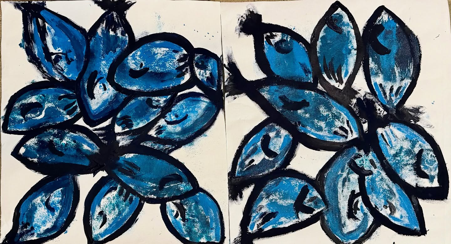 I started this series “The beauty of breasts and beasts “ while I was in Italy this summer during my artist residency. The concept is that beauty transcends gender. It begins with an imprint of a painted breast from either a combination of male and female breasts or the imprints of just male breasts or just female breasts. Once imprinted you cannot tell the gender of the imprint. I feel the same is true when viewing schools of fish. Once I make the imprints in collaboration with male and female subjects, I turn them into whimsical schools of fish, swimming and coexisting. These are still works in progress , Acrylic on Canvas,2 pieces each 16”x 16”, “schools out”. These and more will be available in the coming months.