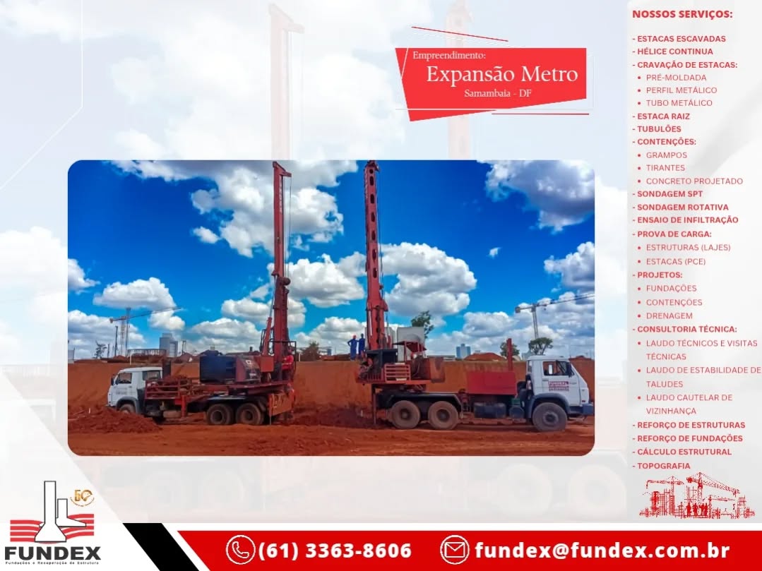 🦺 Fundação sólida para o futuro de Brasília! 🚇
A FUNDEX tem orgulho de participar da obra de expansão do Metrô de Brasília, em Samambaia (DF), executando o serviço de estacas escavadas com excelência e segurança. 💪
Esse importante projeto do Consórcio CG representa mais mobilidade e desenvolvimento para o Distrito Federal — e a FUNDEX marca presença com sua experiência e tecnologia em fundações!
🔸 Estacas escavadas de alta precisão
🔸 Equipamentos modernos e equipe especializada
🔸 Compromisso com qualidade e prazos
📍 FUNDEX – 50 anos de confiança em fundações e engenharia de infraestrutura.
#Fundex #Fundações #Engenharia #EstacasEscavadas #ExpansãoDoMetrô #SamambaiaDF #ObraPública #Infraestrutura #MobilidadeUrbana #ConsórcioCG #ConstruçãoCivil #DF
