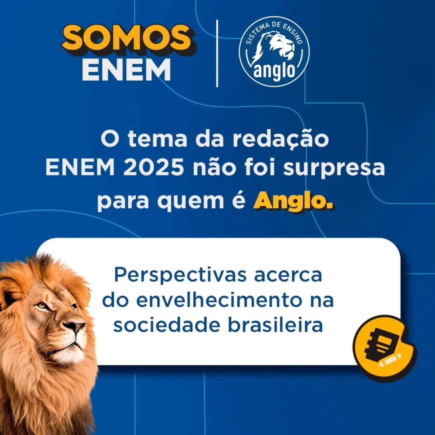 Fazer parte da nação Anglo é estar preparado para o futuro! 🦁
O tema da redação ENEM 2025 não foi surpresa para quem é Anglo.
"Perspectivas acerca do envelhecimento na sociedade brasileira" foi um tema trabalhado no simulado ENEM-SOMOS.
💙 Reflexo do trabalho da equipe pedagógica do maior aprovador do país, que desenvolve simulados e materiais com base em análises criteriosas do ENEM e das principais tendências educacionais.
No Anglo, cada estudante é preparado para pensar criticamente e escrever com propósito, dentro e fora da sala de aula.
Se você ainda não faz parte do Sistema Anglo de Ensino, clique no link da bio e fale conosco.
Venha descobrir como podemos transformar a educação e abrir portas para um futuro cheio de oportunidades!
#Anglo #ENEM #ENEM2025
