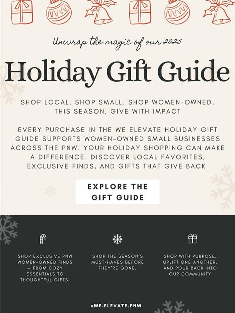 Looking for gifts that do more than just fill a box? 💖 From handmade treats to one-of-a-kind creations, the 2025 @we.elevate.pnw Gift Guide features local businesses shaping our community.
Every gift you choose helps support women entrepreneurs, local artisans, and small businesses chasing big dreams. Shop with heart this season!