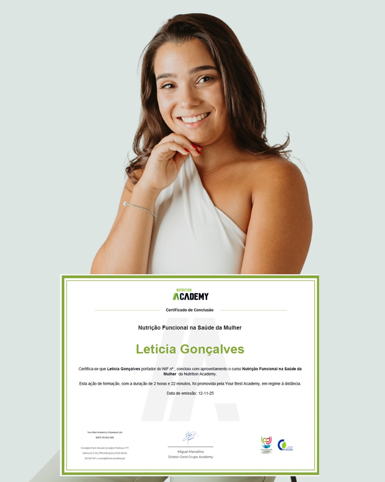 Cada mulher é única e a sua saúde também 💕
Formação concluída com sucesso em “Nutrição Funcional na Saúde da Mulher”, pela Nutrition Academy.
A atualização contínua é essencial para proporcionar um acompanhamento de excelência e baseado na evidência científica. 💚
#NutriçãoFuncional #SaúdeDaMulher #FormaçãoContínua #NutriçãoClínica #BemEstarFeminino #Nutricionista