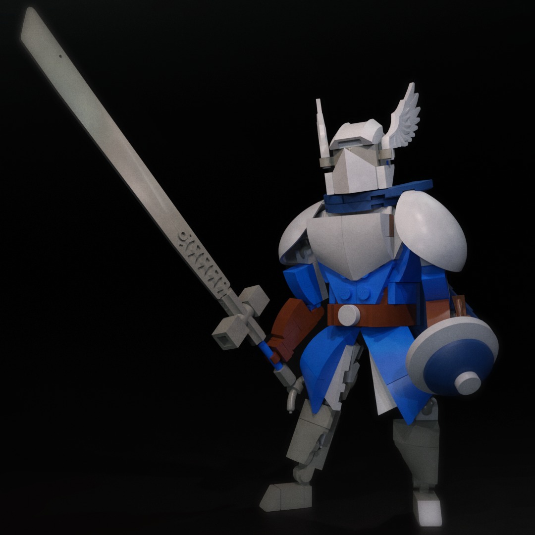 A friend of mine really enjoys playing the Wylder in the game Elden Ring: Nightreign, so I wanted to design a small gift that represents the character.
My first goal was to create the helmet at the smallest possible scale to minimize costs. I sacrificed some poseability in the upper legs to create a smoother transition between the top and bottom of his blue attire. The shoulder pieces also slightly limit poseability due to the addition of his iconic scarf, which isn’t locked in place by the LEGO system itself but is instead held by the shape of the head.