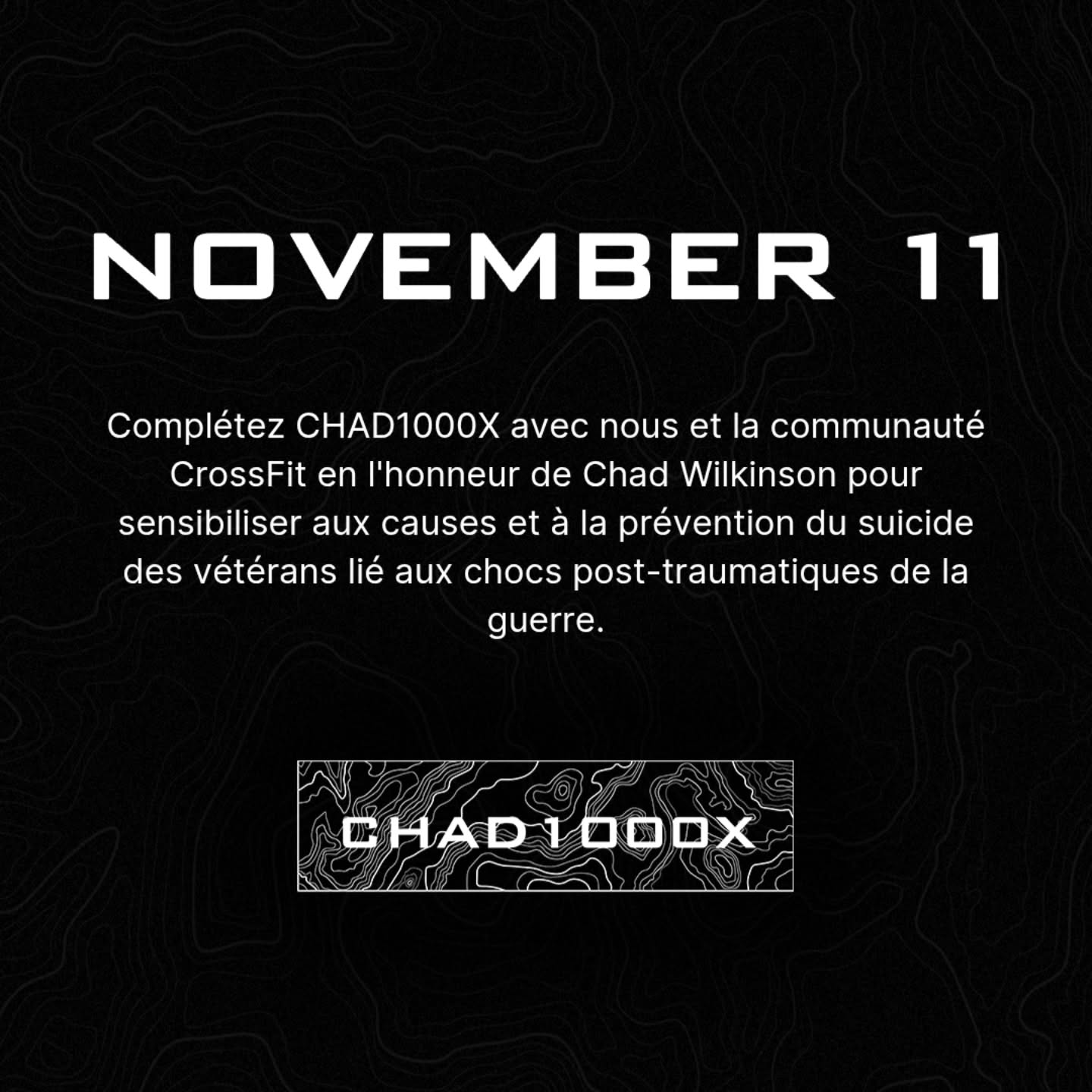 CHAD1000X est un entraînement CrossFit Hero écrit en l'honneur du chef des Navy SEAL, Chad Wilkinson, qui s'est suicidé le 29 octobre 2018 à la suite de plusieurs lésions cérébrales traumatiques, de blessures par ondes de choc et de troubles de stress post-traumatique, résultant de nombreux déploiements sur plus de deux décennies de service. 🎖️🕊️
La communauté CrossFit se réunit chaque année le 11 novembre dans des milliers d'affiliés de CrossFit à travers le monde pour s'attaquer à cette séance d'entraînement en mémoire de Chad Wilkinson. 🫡🙏
On vous donne rendez-vous mardi à 9h et 10h30 pour s'entraîner tous ensemble 🤝💪