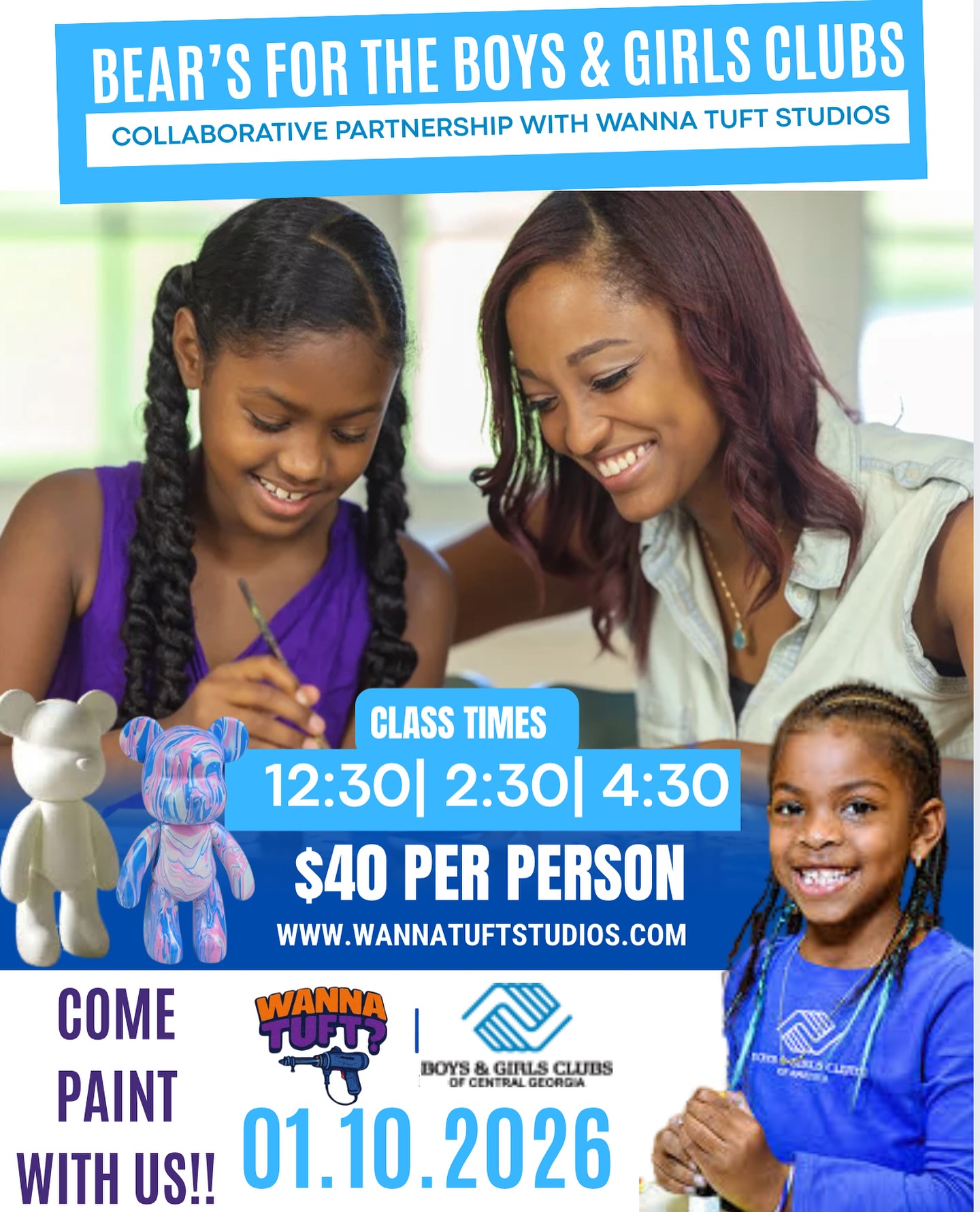 Looking for a special activity for a Mommy-and-Me day, a date with Dad, or a fun Saturday with friends, co-workers or siblings? Then save the date for Saturday, January 10,2026.
Our limited-slot Bear Drip Class is the perfect choice! With tickets priced at $40, a portion of the proceeds will benefit the Boys & Girls Clubs of Central Georgia (BGCCG).
Please note, tickets are only needed for those participating in the painting class, not for accompanying adults.
We offer 3 class times, each with 10 seats available. Don’t miss out on this creative opportunity—learn more and purchase your tickets here!
https://www.wannatuftstudios.com/book-online
Link also in our bio!