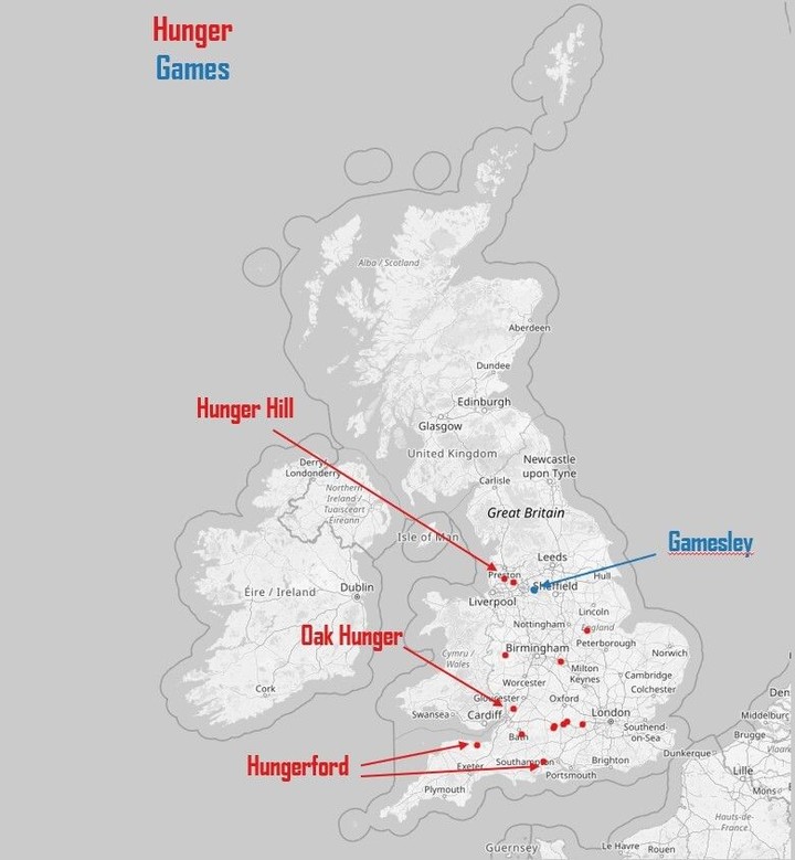 #MapMonday On this day in 2014, 'The Hunger Games' Mockingjay Part 1 premiered in London. We love previous BCS Award Winner Robin Wilson's British Placename Mapper (https://placenames.rtwilson.com/) - for example, who knew that 'Hunger' and 'Games' featured in such locations... What placenames will you look up? 🕵️