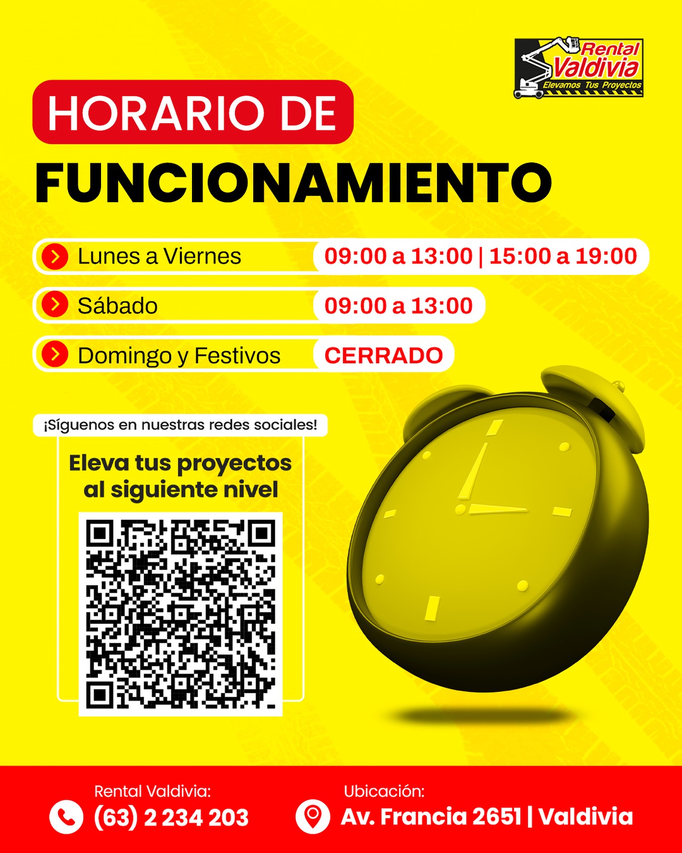 🕘 ¡Nos ajustamos al horario de verano!
Ahora podrás coordinar tus arriendos, entregas y retiros con más comodidad:
📅 Lunes a viernes:
09:00 a 13:00 | 15:00 a 19:00 hrs.
📅 Sábado:
09:00 a 13:00 hrs.
📅 Domingo y Festivos: Cerrado
Más horas para atenderte, misma energía y compromiso de siempre 💪
#RentalValdivia #HorarioDeVerano #ArriendoDeMaquinaria #Valdivia
