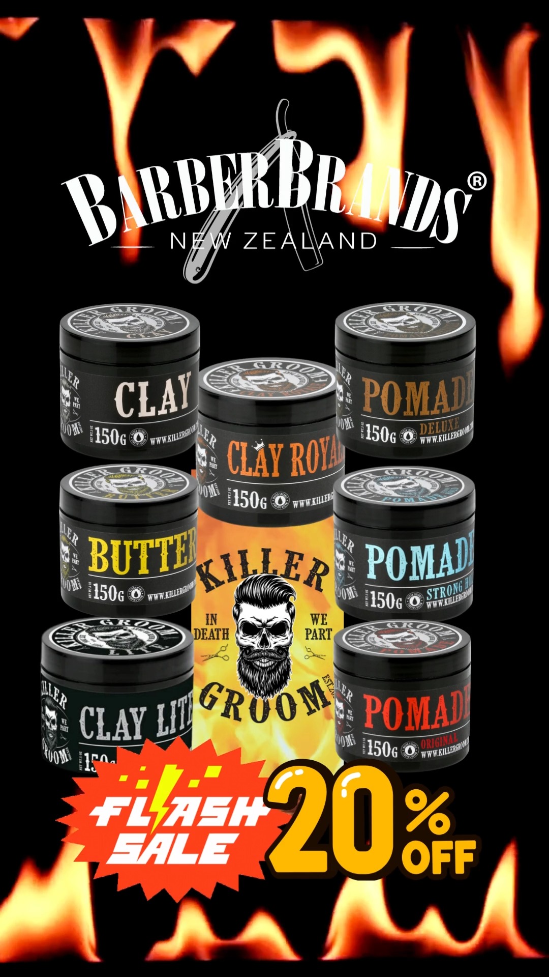 Flash Sale on Killer Groom Hair, Beard and Body Products at Barber brands New Zealand- flash sale for limited time only -grab the red hot 20% off deal!