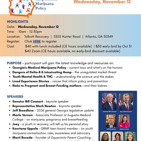 What an incredible day at the GRMP Annual Summit at Talbott Recovery. Co-chairing and sponsoring this event—and sharing my family’s story on behalf of parents across Georgia—was an honor I hold close.
Grateful for the powerful contributions from clinicians, young people, and our legislative leaders. These conversations give me real hope.
And the House vote to ban intoxicating hemp-derived THC products? A huge step toward protecting our kids from high-potency, unregulated products. Change is happening because we’re willing to show up and speak up.
Proud of the GRMP Board and Michael Mumper for leading Georgia toward safer, healthier communities.
Onward!
#EquanimityParentCoaching #GRMP #ResponsibleMarijuanaPolicy #YouthRecovery #FamilyRecovery #GACA #GeorgiaRecovery #AdvocacyInAction #ProtectOurKids #SaferCommunities