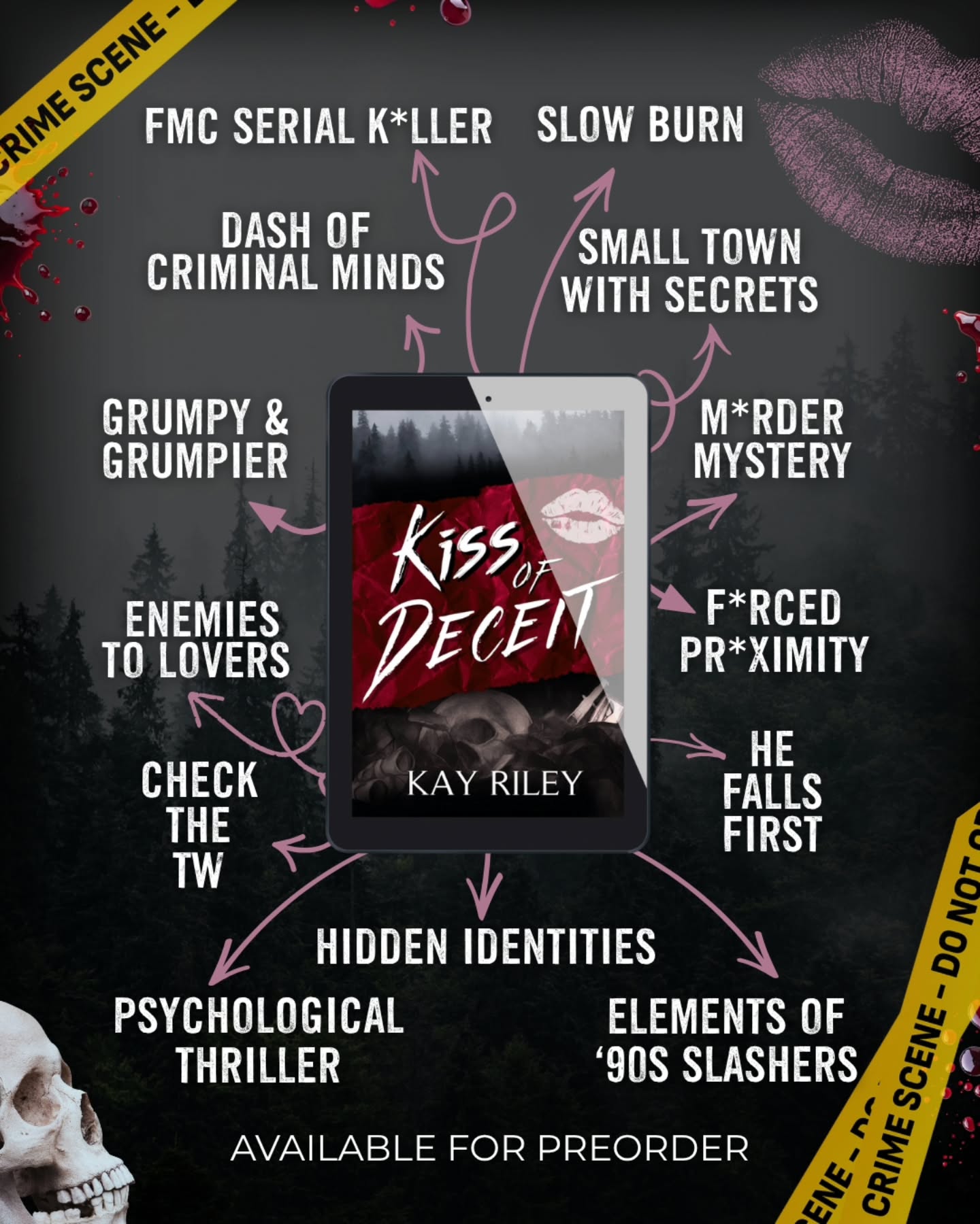 ๐ผ๐ซ๐๐๐ก๐๐๐ก๐ ๐๐ค๐ง ๐ฅ๐ง๐-๐ค๐ง๐๐๐ง!
๐Kiss of Deceit by Kay Riley.
๐ Comment or DM "KoD" for details.
Read the blurb below โฌ๏ธ
๐ค FMC serial โ ๏ธ
๐ค Thriller twists
๐ค Mystery m*rderer
๐ค light enemies to lovers
๐ค Grumpy & grumpier
๐ค Hidden identities
๐คThis is a slow burn, and more plot driven with steamy scenes.
๐ค Criminal Minds x '90s slasher flicks
๐ค Masked unaliver
๐ค Small town with big secrets
Blurb:
When snow falls, Winterlake is cut off from the world once the mountain road becomes impassable. With no high-speed internet or cell phone service, life is slow and peaceful.
At least it used to be.
Danger lurks in the shadows of Winterlake. It started with someone chasing me in the woods. Now a masked killer is terrorizing this town. The mysterious murderer isnโt the only problem in this secluded place.
The longer Iโm here, the more I realize this mountain town isnโt what it seems. The locals guard their secrets, looking at us interns with distrust. Except Kole. The bar owner who is determined to learn all about me. Whatโs worse is I think Iโm falling for him. Which is something I canโt let happen.
Iโm hiding my own skeletons. Dark secrets I will do anything to protectโsecrets the masked killer already seems to know.
Winterlake was supposed to be my fresh start. Now Iโm not sure Iโll make it out alive.
#kayrileyauthor #darkromance #darkromancebooks #kindleunlimitedromance #bookgram #romancereads #preordernow #comingsoon