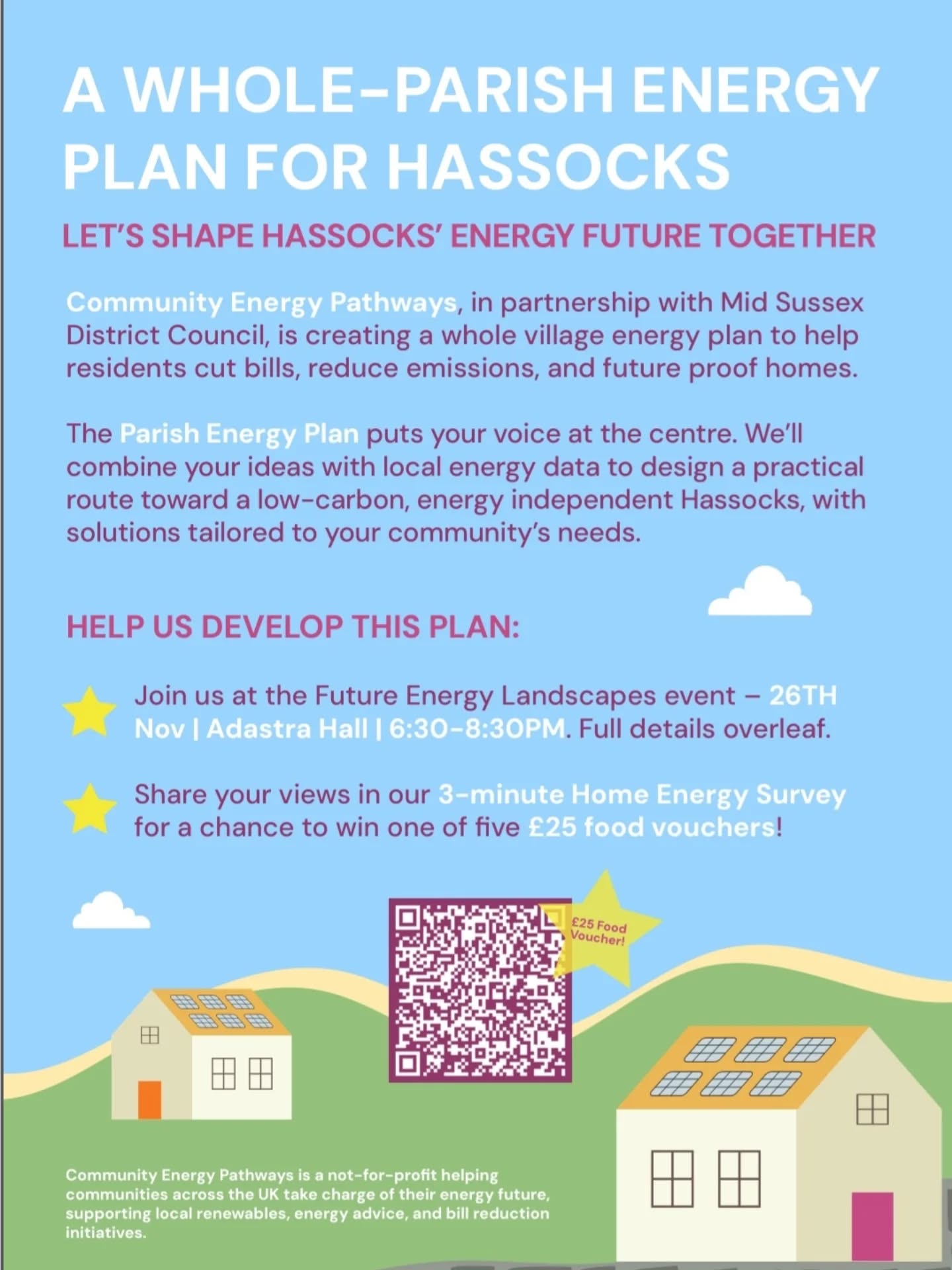 📢 Opportunity for Hassocks!
Sharing from @communityenergypathways and @lewesdistrictcouncil who are hosting Future Energy Landscapes workshops as part of a new energy planning project. They need your voice!
"Together, we’ll explore energy priorities for Hassocks and discuss what renewable generation could look like over the coming years"
🗓 Weds 26th Nov, 6.30pm - 8.30pm, Committee Room, Adastra Hall.
Help shape the future of energy in your community! This is a FREE event. You can book your place now:
https://communityenergypathways.org.uk/event/hassocks-future-energy-landscape-workshops/