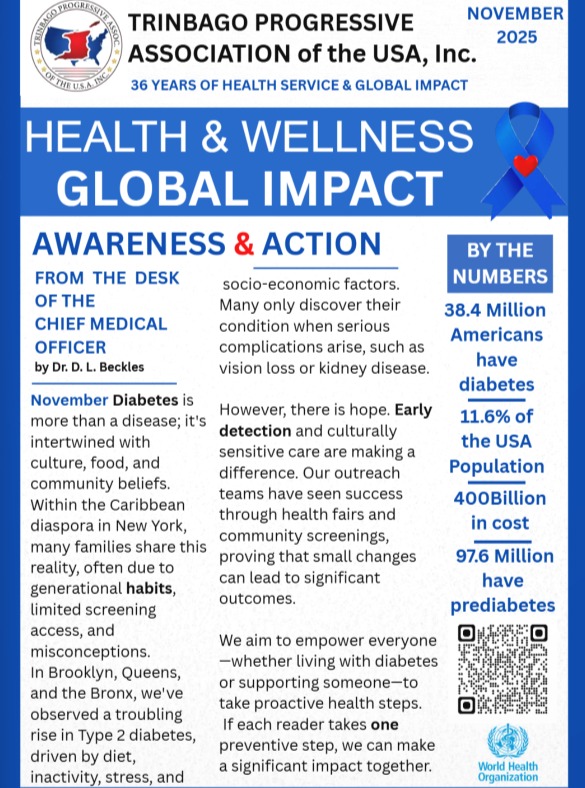 November has been designated Diabetes Awareness Month, and the TPA Newsletter wants to highlight the importance of screening for pre-diabetes and diabetes by simply asking your healthcare provider for an A1C test. If it's <5.7, then congratulations and keep up the great work.
Spread the word about knowing your numbers ABCs, A=A1c, B= BP, C= Cholesterol, and s=screenings for cancers.
Visit www.TPAUSA.org to download the Newsletter
#diabetes #caribbeanlife #flatbush