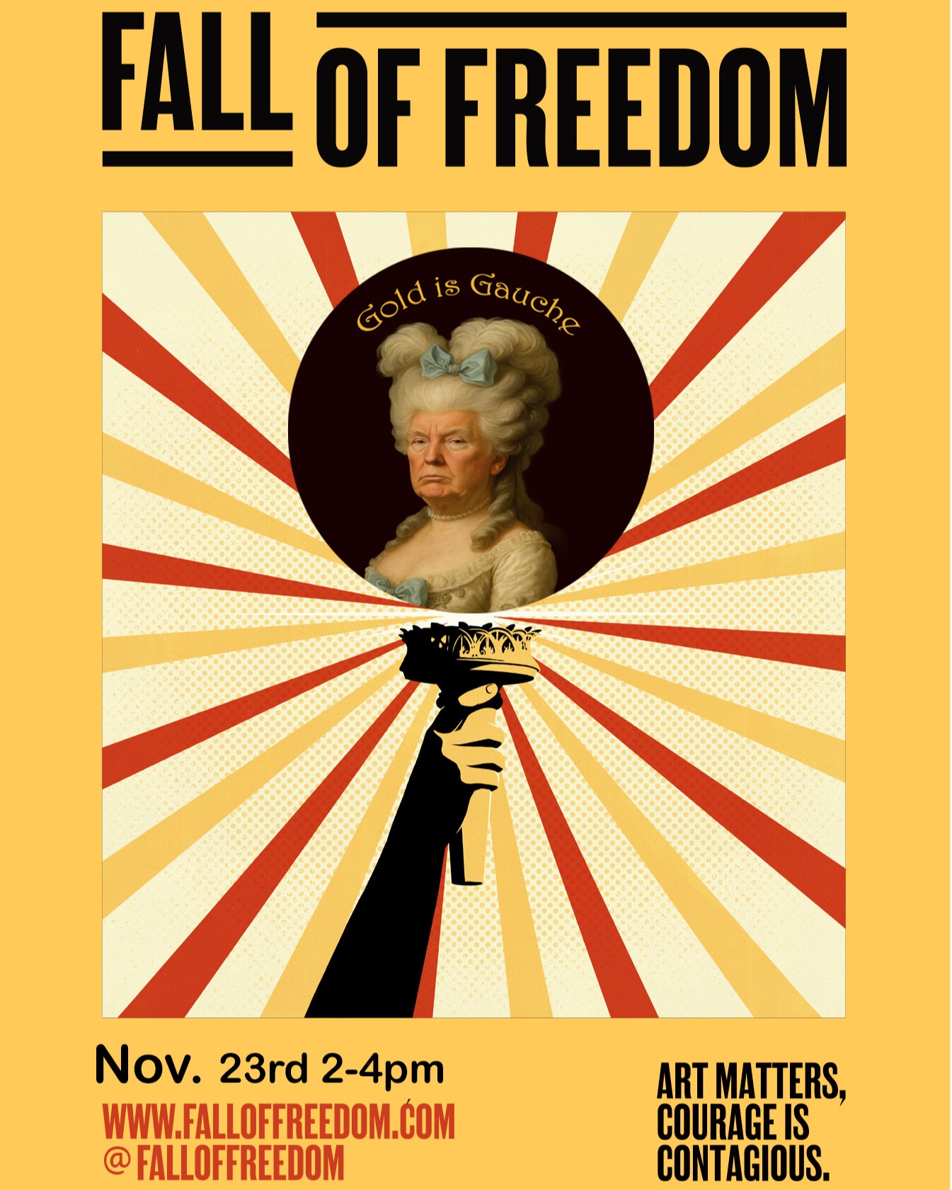 GOLD IS GAUCHE Performance Art.
Gold is Gauche builds upon Gavin
Newsom’s hilarious AI-generated vision of Trump as Marie Antoinette. We reclaim her gilded excess and hold up a
golden mirror to the regime’s vanity as an opera buffa—grotesque and dazzling, a satirical vernacular for our own
gilded decline. With camp precision, we stage the queering of Trump’s “Big but not beautiful BALLS room,” laying
bare its cost—literal and psychic—to the American people.