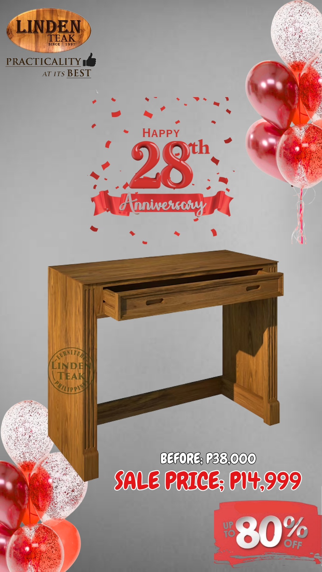 🎉 Celebrating Our 28th Anniversary!
This month only, enjoy up to 80%OFF on select items—our biggest savings of the year! Plus, get 0% interest for up to 12 months on selected purchases.
🪑 We also offer free design consultations and 3D drawings for customized furniture, along with free delivery in select areas.
📍 Visit our stores to explore over 500 actual ITEMS on display, or browse online at www.lindenteakfurniture.com.