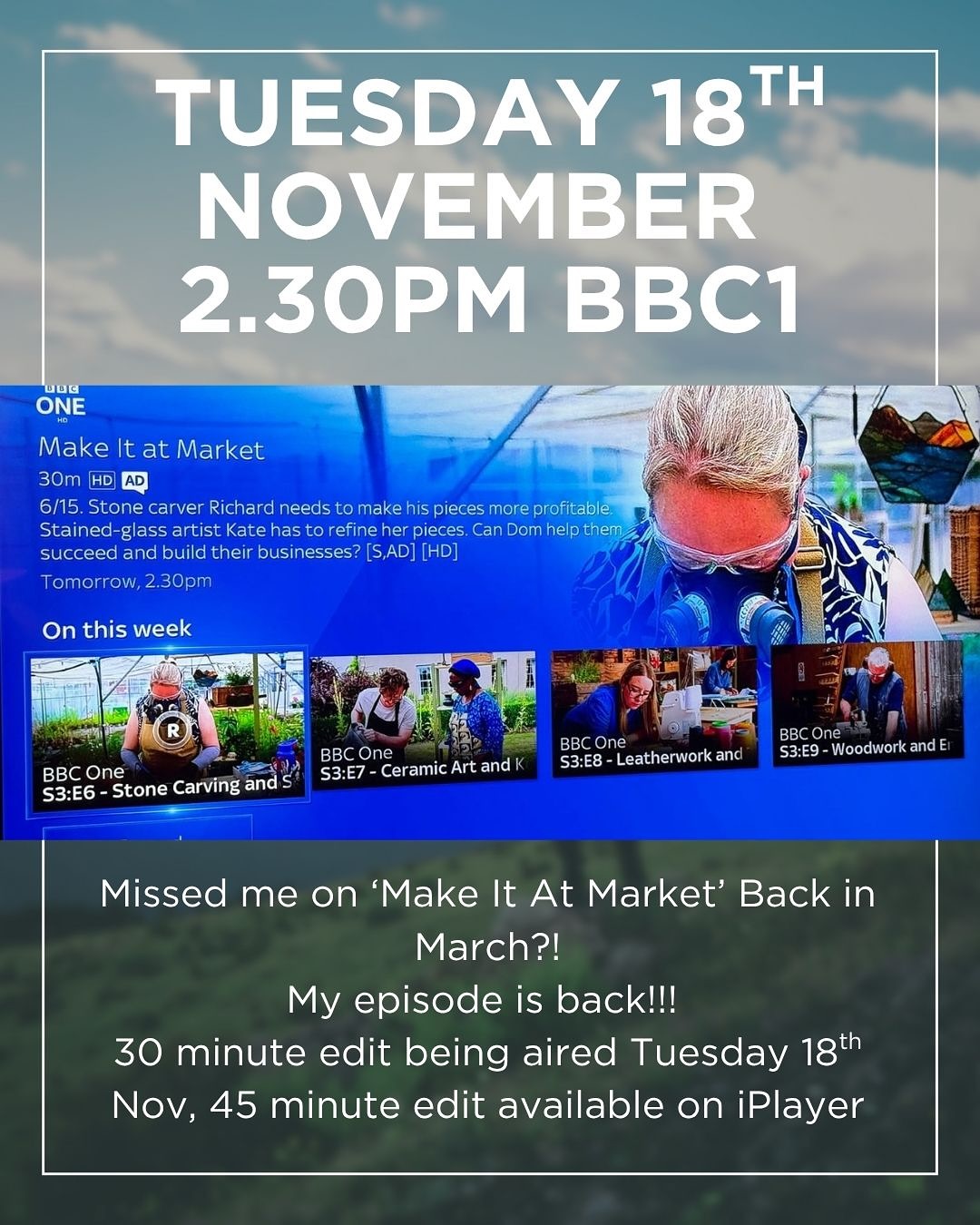 Those eagle eyed amongst you might have noticed the award winning show ‘Make It At Market’ had reappeared on BBC1 last week! 😍
If you missed me on the show the first time round, my 30 minute episode is airing again TODAY / TOMORROW (Tuesday) at 2.30pm, so set your box to record or snuggle up warm with a brew live, and watch myself and @rswan.stoneworks put through our paces by our mentors and emerge at the other end of 10 weeks filming looking ?????? 🧐 (spoiler alert - it went rather well…….🥳)
#ImposterSyndrome #RefineAndDesign #StainedGlass #GlassArtist #entrepreneur #business #mentoring #network #creativecommunity #heritagecraft #glassart #makeitatmarket #bbc #bbc1 #TvShow #waterperrygardens #supportlocalartisans #supportsmallbusiness #businesssupport
@derekhuntartist @make_it_at_market @contemporaryglasssociety @edenvalleyartisticnetwork @the_makers_mill @ivymakersguild @thehappyherdwick @rheged_centre @gatherennerdale @hare_hill_barn @visitkeswick @cumbrialifemag @thecumbriaguide @cumbria.crack @newsandstar @lucyandyak @bbc @myflabbergast @cumbriachamber @lakedistrictcumbria @madeincumbriaweb