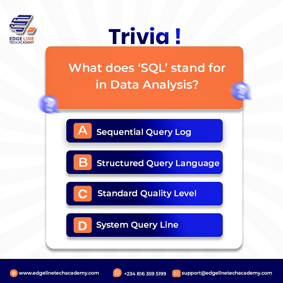 SQL is more than just a programming language; it’s the key to understanding and controlling data.
It helps you access, organise, and analyse information stored in databases, the kind used by virtually every business and tech company around the world.
Imagine being able to pull thousands of customer records in seconds or summarise financial data instantly; that’s the power of SQL.
At Edge Line Tech Academy, we don’t just teach you what SQL is; we show you how to use it to solve real world problems. You’ll learn how to query databases, analyse data patterns, and generate meaningful reports skills that employers are actively seeking in Data Analysts, Engineers, and IT professionals.
Beyond SQL, we also offer top-demand tech programs like Cybersecurity, Business Analysis, Project Management, and UI/UX Design, giving you the competitive edge to thrive in today’s digital economy.
Ready to speak the language of data?
Join our next Data Analysis class at Edge Line Tech Academy and take the first step toward mastering one of tech’s most valuable skills.
#edgelinetechacademy #learnsql #dataanalytics #techeducation #datadriven #mid week #CareerGrowth #TechTraining #FutureReady #trivia